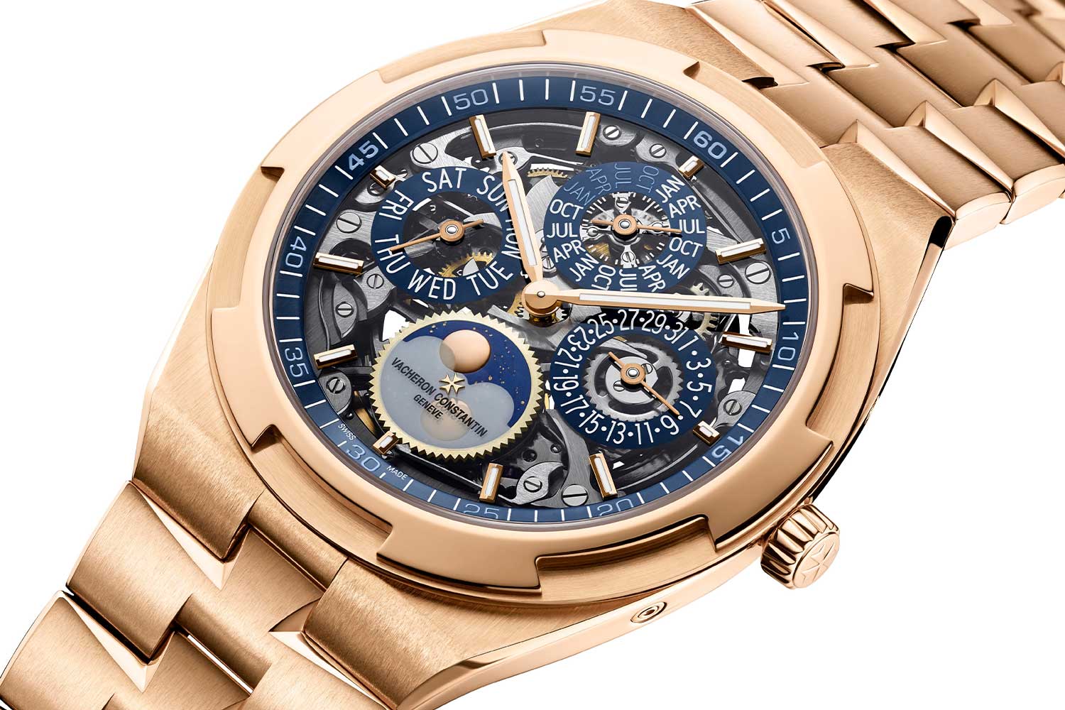 Overseas Perpetual Calendar Ultra-Thin Skeleton in 18K 5N pink gold with a blue accents on the skeleton dial