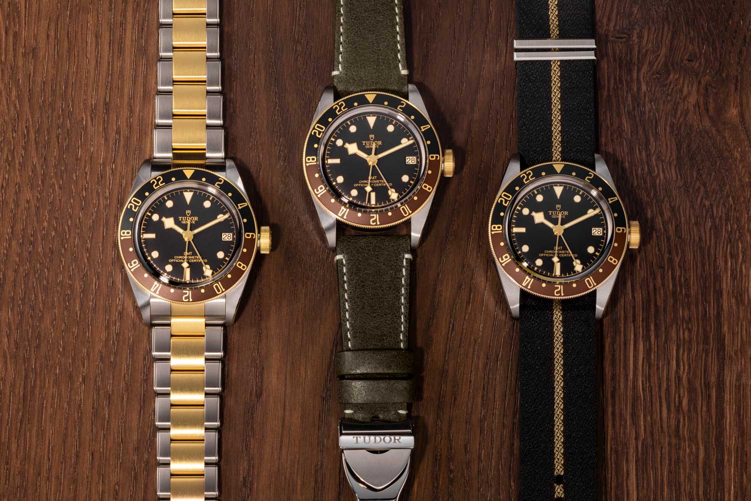 The new Black Bay GMT S&G works on any of the available strap options: S&G rivet bracelet, leather with folding clasp or NATO with beige stripe. (image: Tudor)