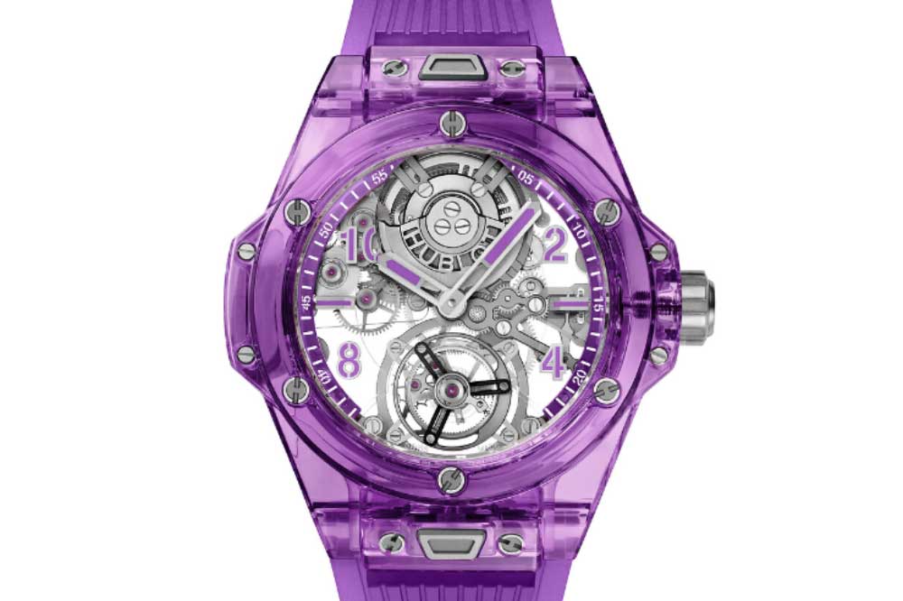 Hard to miss and highly complicated, the Big Bang Tourbillon Automatic Purple Sapphire