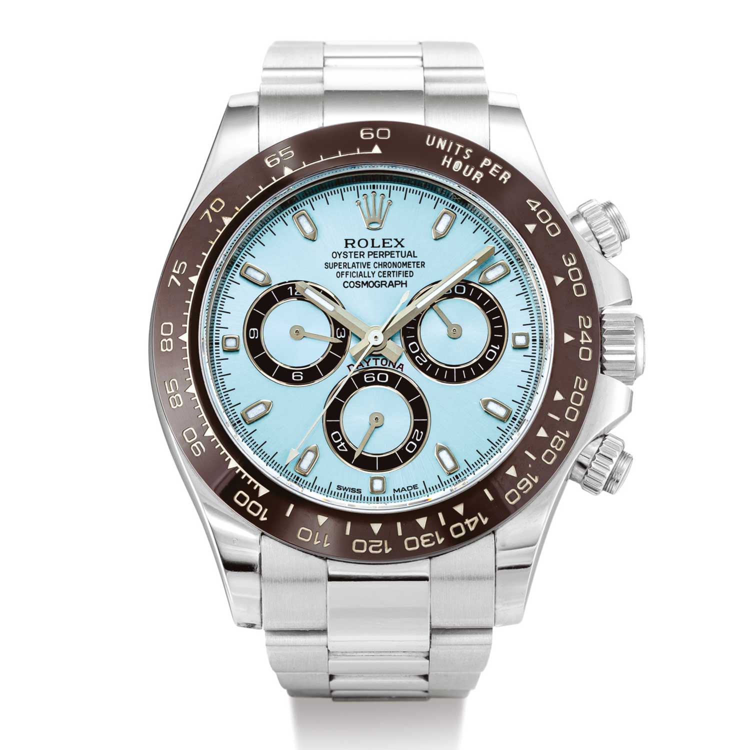 The 50th anniversary of the Daytona in 2013 was marked by the launch of the 116506. Somehow the pairing of the ice-blue dial and brown Cerachrom bezel just works. Not forgetting that it came in the stealthiest of all precious metals: a full platinum case and Oyster bracelet. (Image: Sotheby’s)