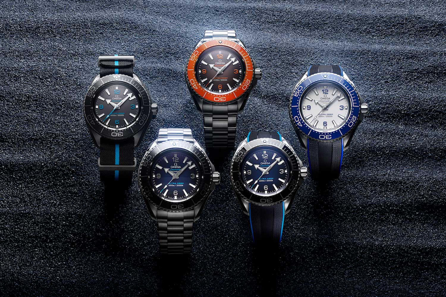 The Omega Seamaster Planet Ocean Ultra Deep comes in either Grade-5 titanium or a new stainless steel alloy - O-MEGASTEEL. Take your pick of dial and bezel colours, bracelet, NATO or rubber straps. (Image: Omega)