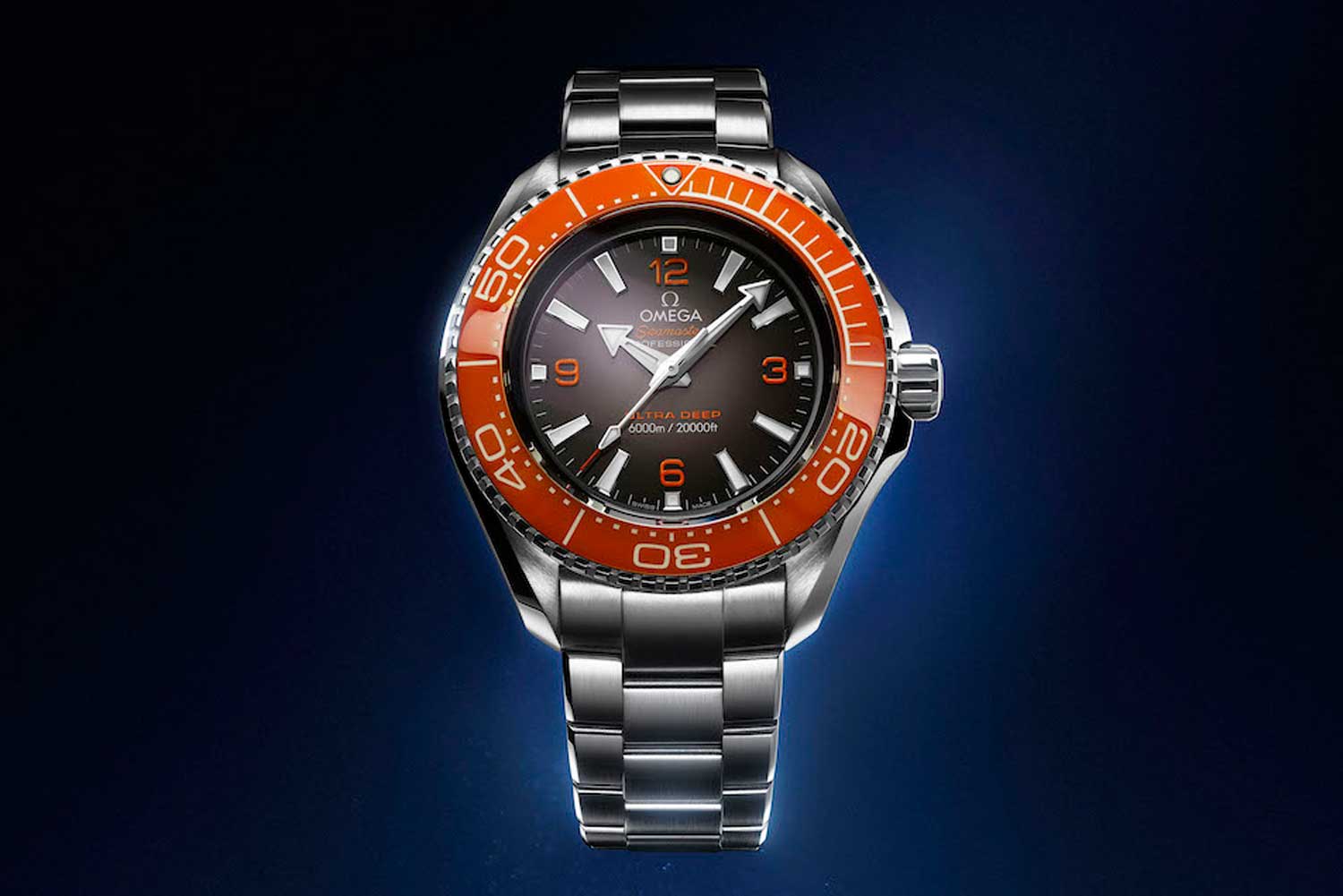 An orange on black colour scheme reminiscent of references from the standard 600m Planet Ocean line. (Image: Omega)