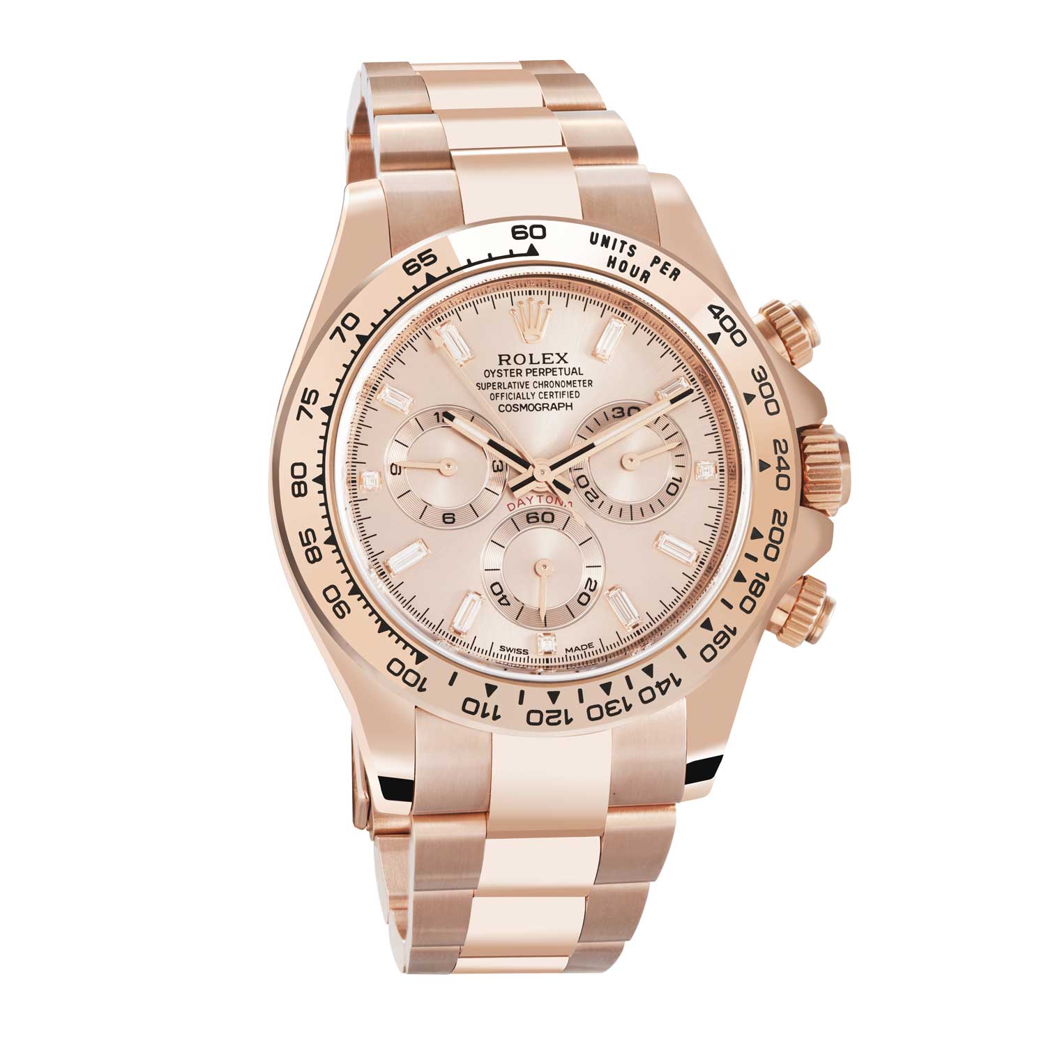The 116505 in full Everose gold with a sundust dial and baguette diamond indexes. Tone on tone mood. (Image: Rolex)