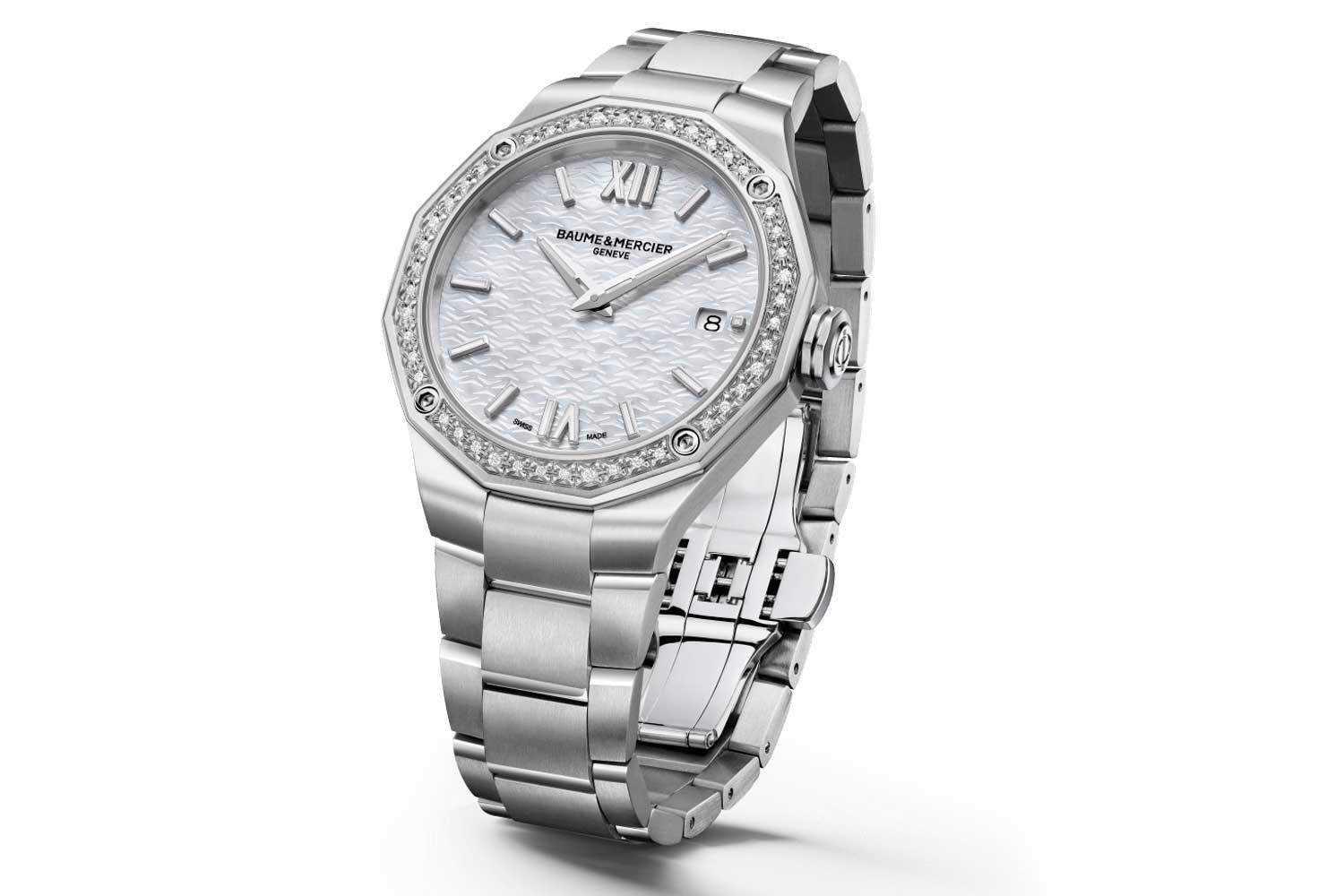 Ref. M0A10662 with mother-of-pearl dial, diamond-set bezel and quartz movement