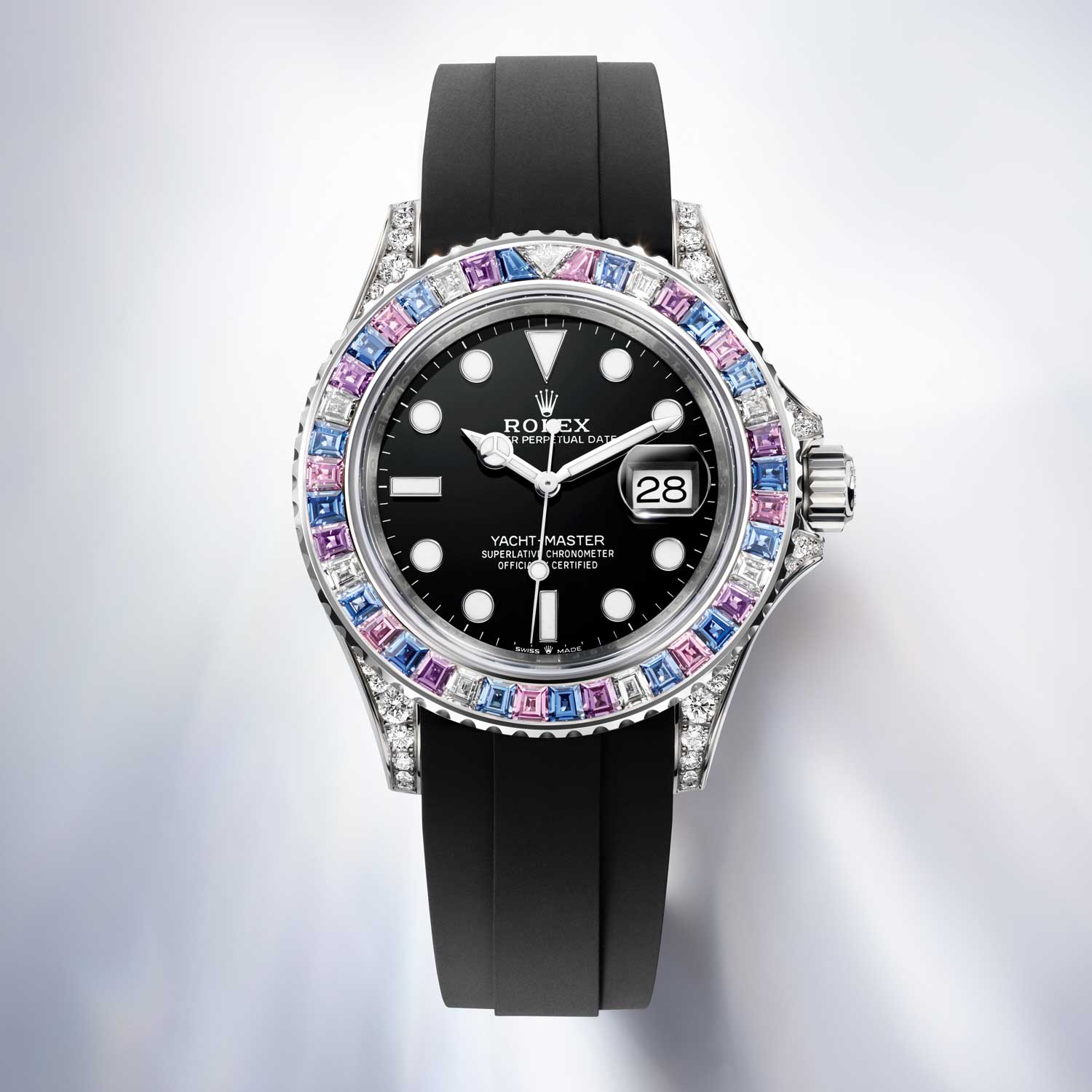 The new Rolex Oyster Perpetual GMT-Master II has its bezel, set with diamonds and sapphires in tones of blue, silver and pink, inspired by the aurora borealis and the glow of dawn
