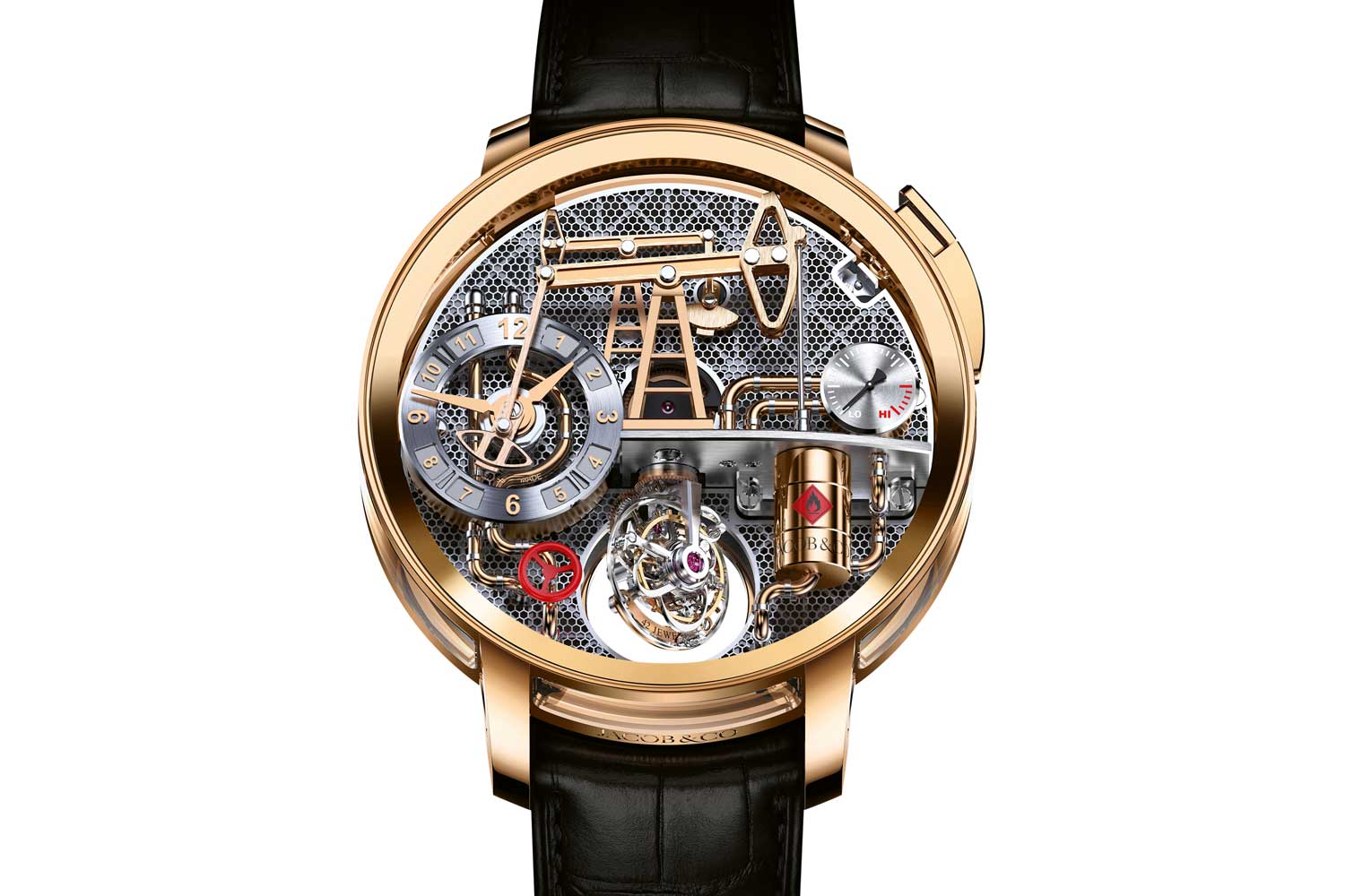 Another distinctive creation is the Oil Pump Rose Gold featuring Jacob and Co.'s double-axis tourbillon and inspired by the tradition of automatons in the watch industry