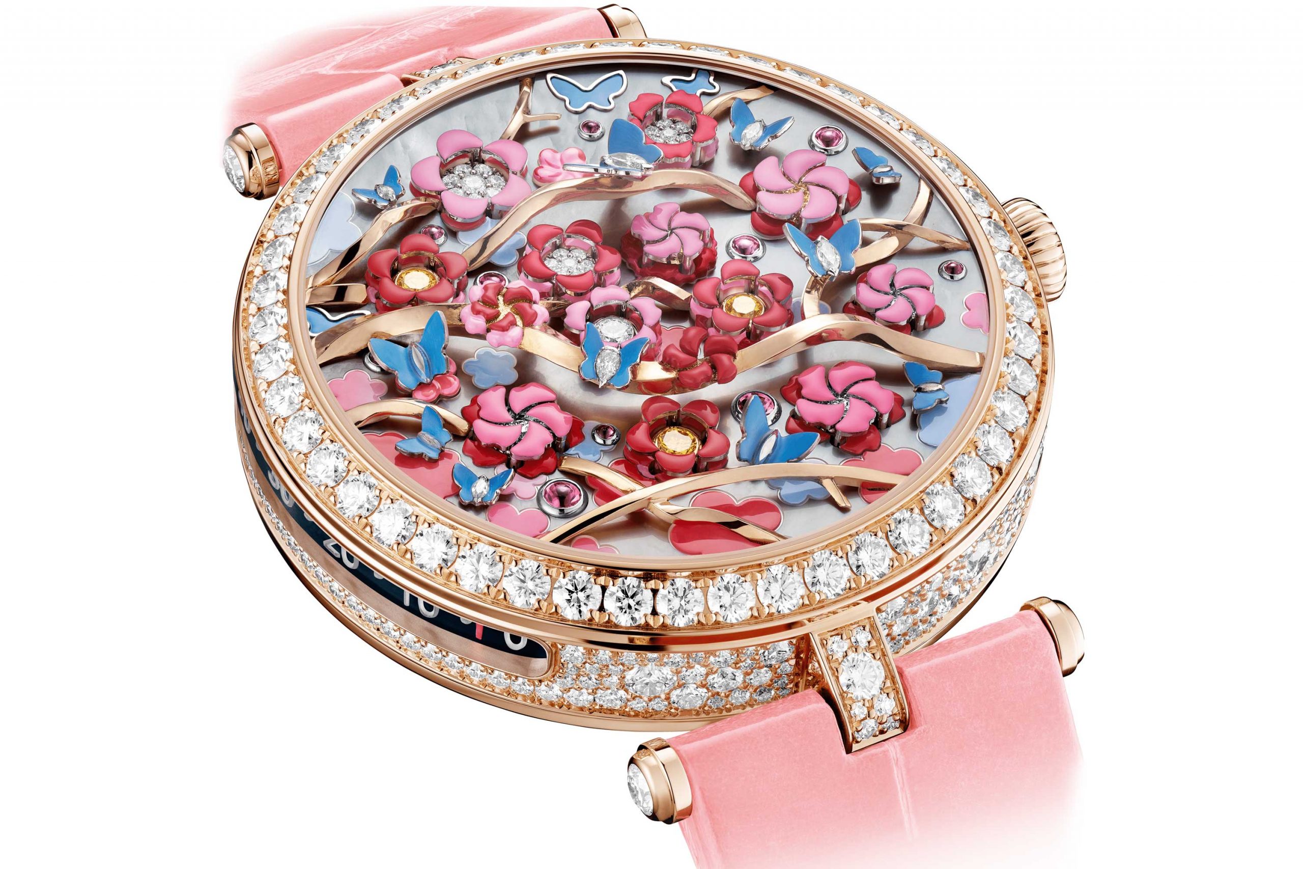 Lady Arpels Heures Florales Cerisier tells the time in a warm color palette of spring pinks and reds