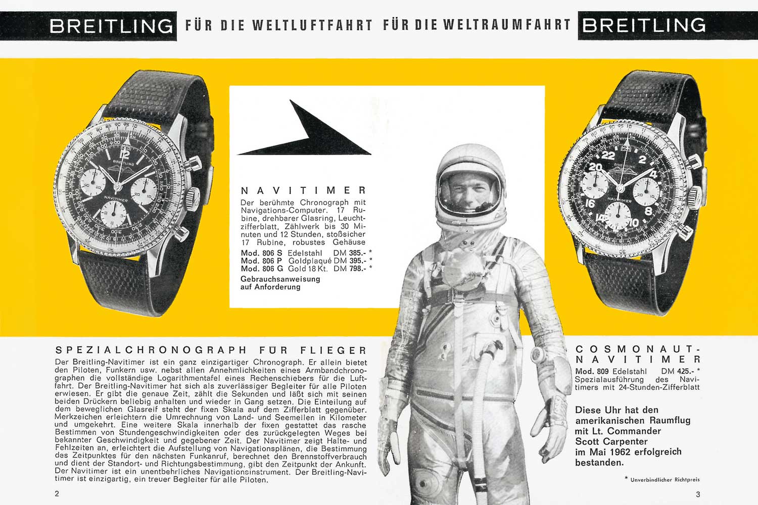 Breitling advertisement from the 1964 Breitling Catalogue for the Navitimer and the Navitimer Cosmonaute