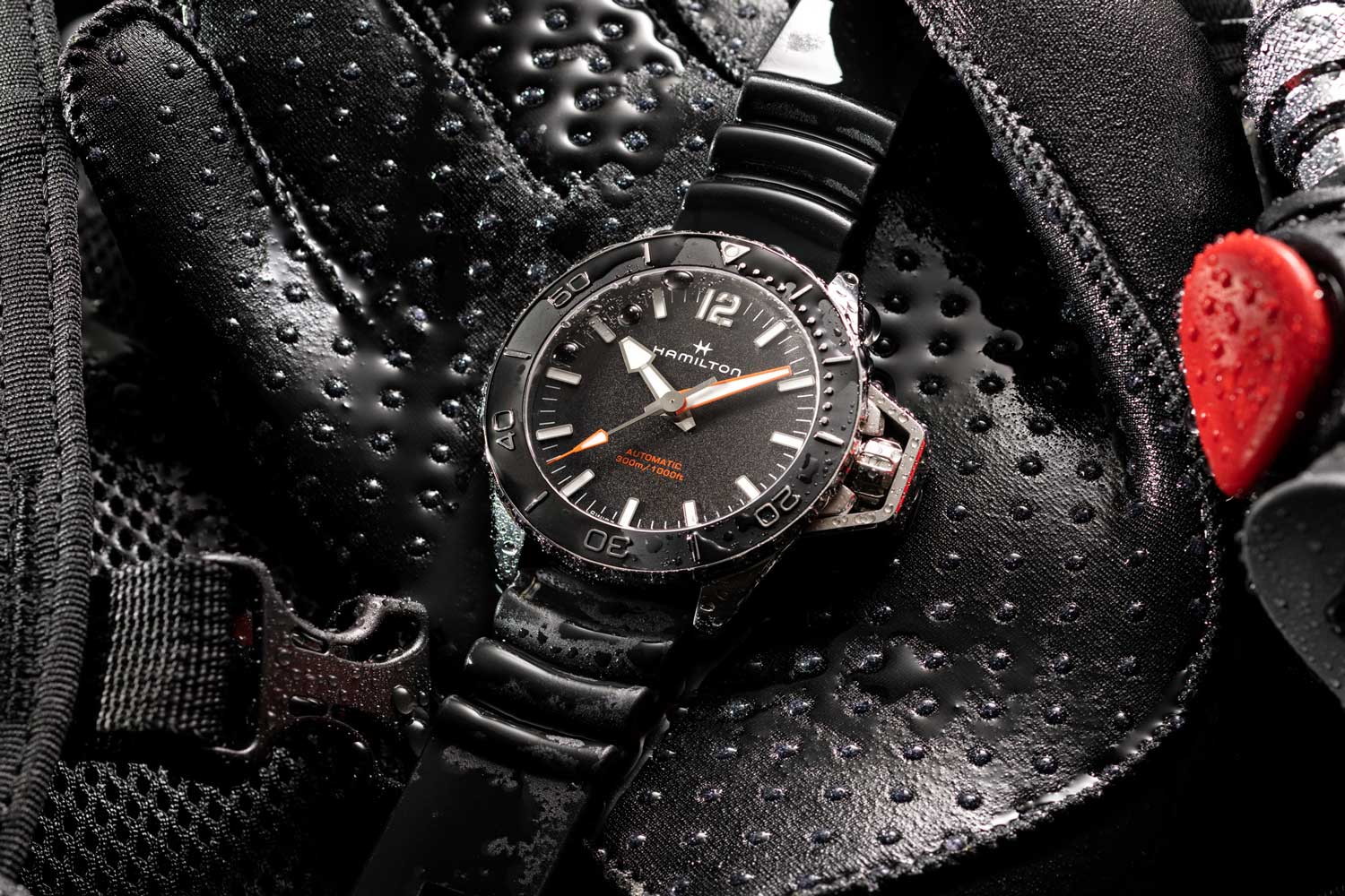 Hamilton Khaki Navy Frogman Automatic in black dial and bezel with white markings, black rubber straps