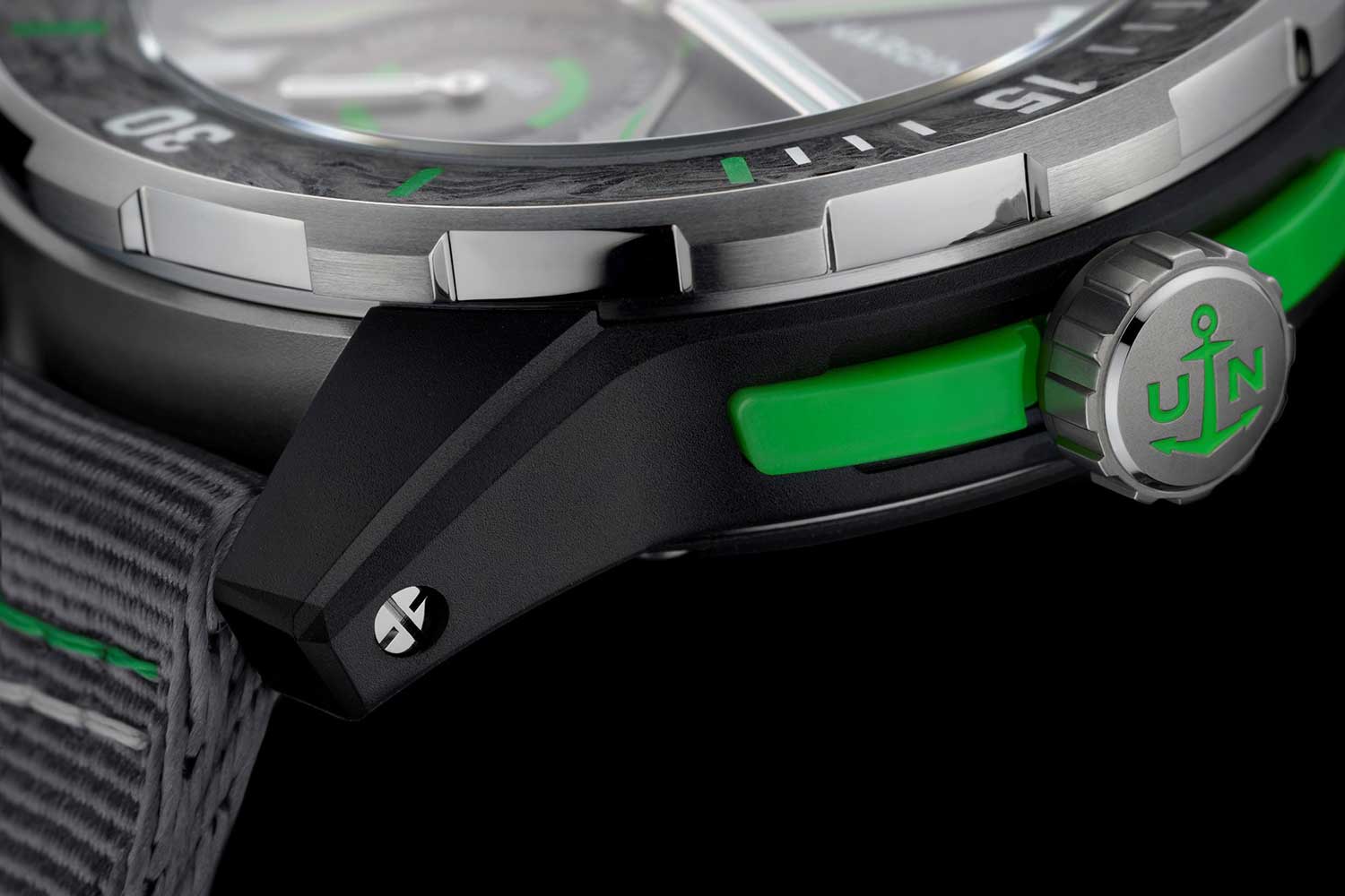 Along with the Nylo and Carbonium used in the 44mm case, recycled steel is used for other part, like the bezel, which includes a Carbonium insert. Green touches abound on the case, dial and strap.