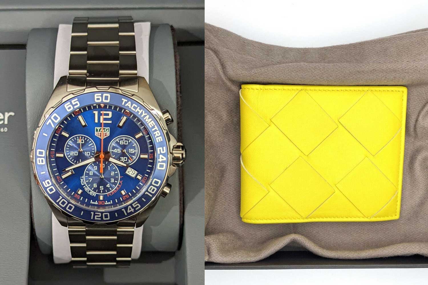 TAG Heuer Formula 1 Quartz Chronograph and Bottega Veneta wallet in bright yellow color