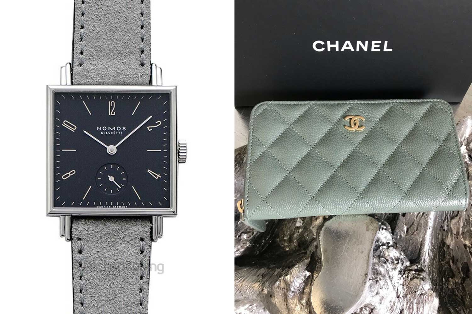 Nomos Tetra 450 in dark blue dial and Chanel “Caviar” zip wallet in light green color
