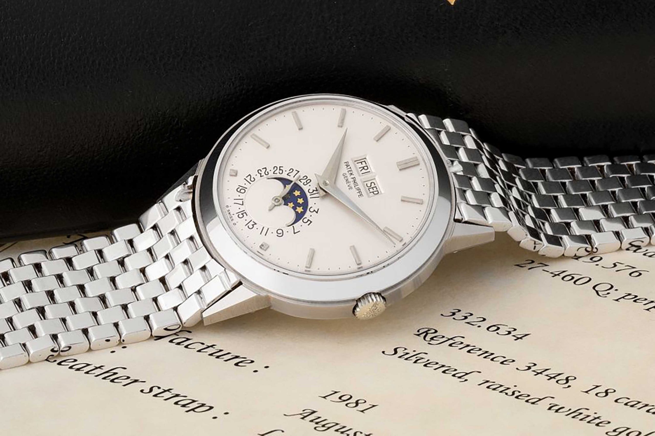 Lot 249: Patek Philippe Extremely Rare and Very Well Preserved, “padellone” Perpetual Calendar, Automatic Wristwatch in White-gold, Reference 3448 (Image: Monaco Legend Groups)