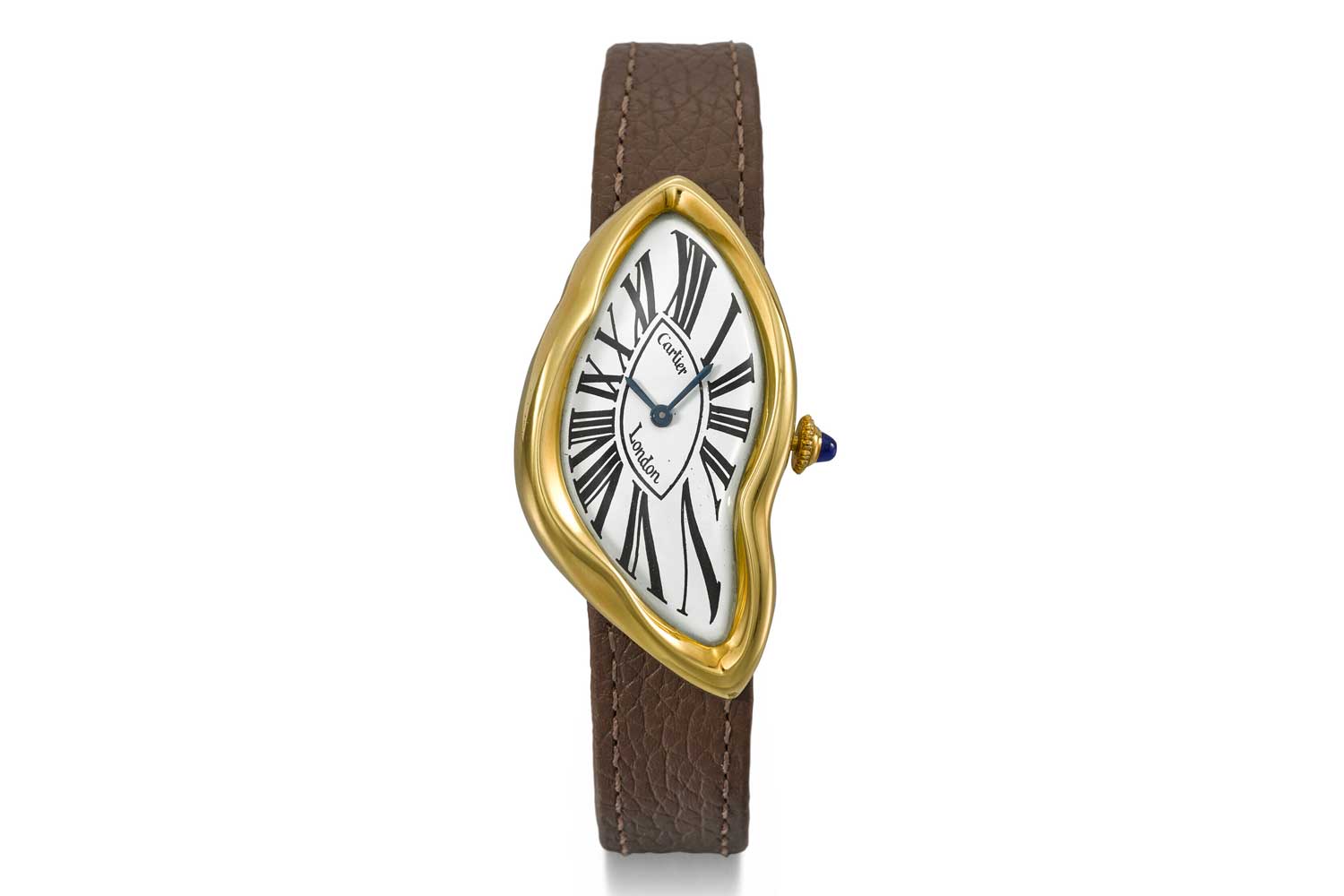 Lot 133: Cartier, an exceptionally rare and attractive 18k gold asymmetric wristwatch with original ‘Crash’ deployant clasp (Image: Christie’s)