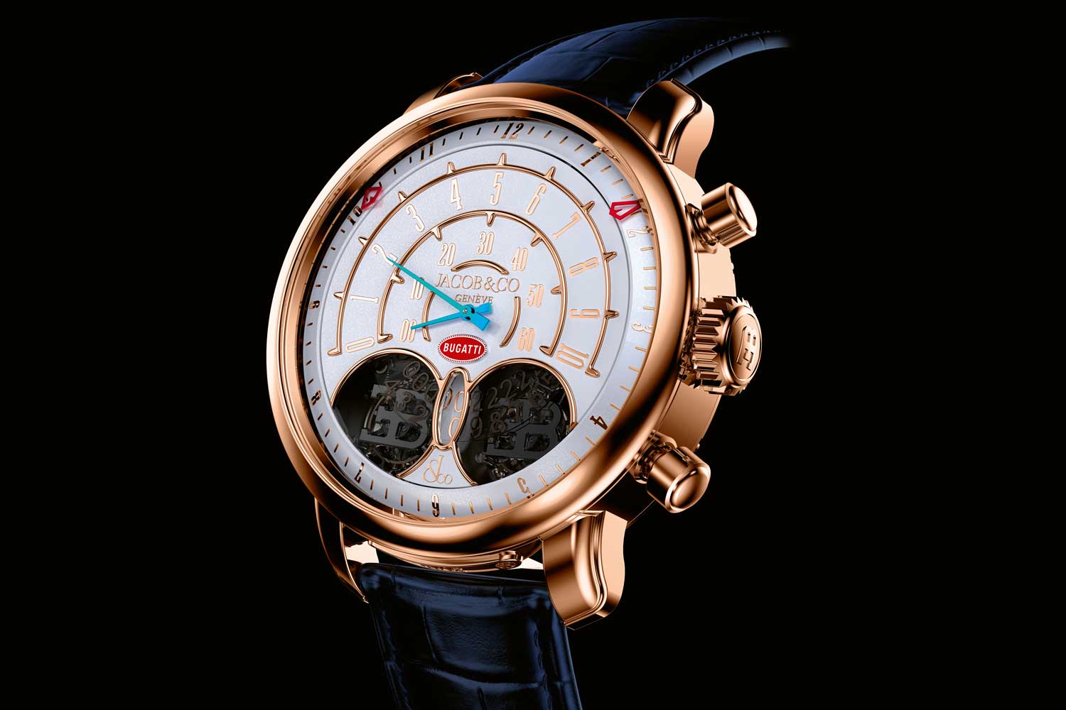 The Jacob & Co. Jean Bugatti features peripheral hours and minutes and a central bi-retrograde chronograph display that measures the seconds in units and tens, along with an aperture at six o’clock that displays the elapsed minutes on a jumping disc