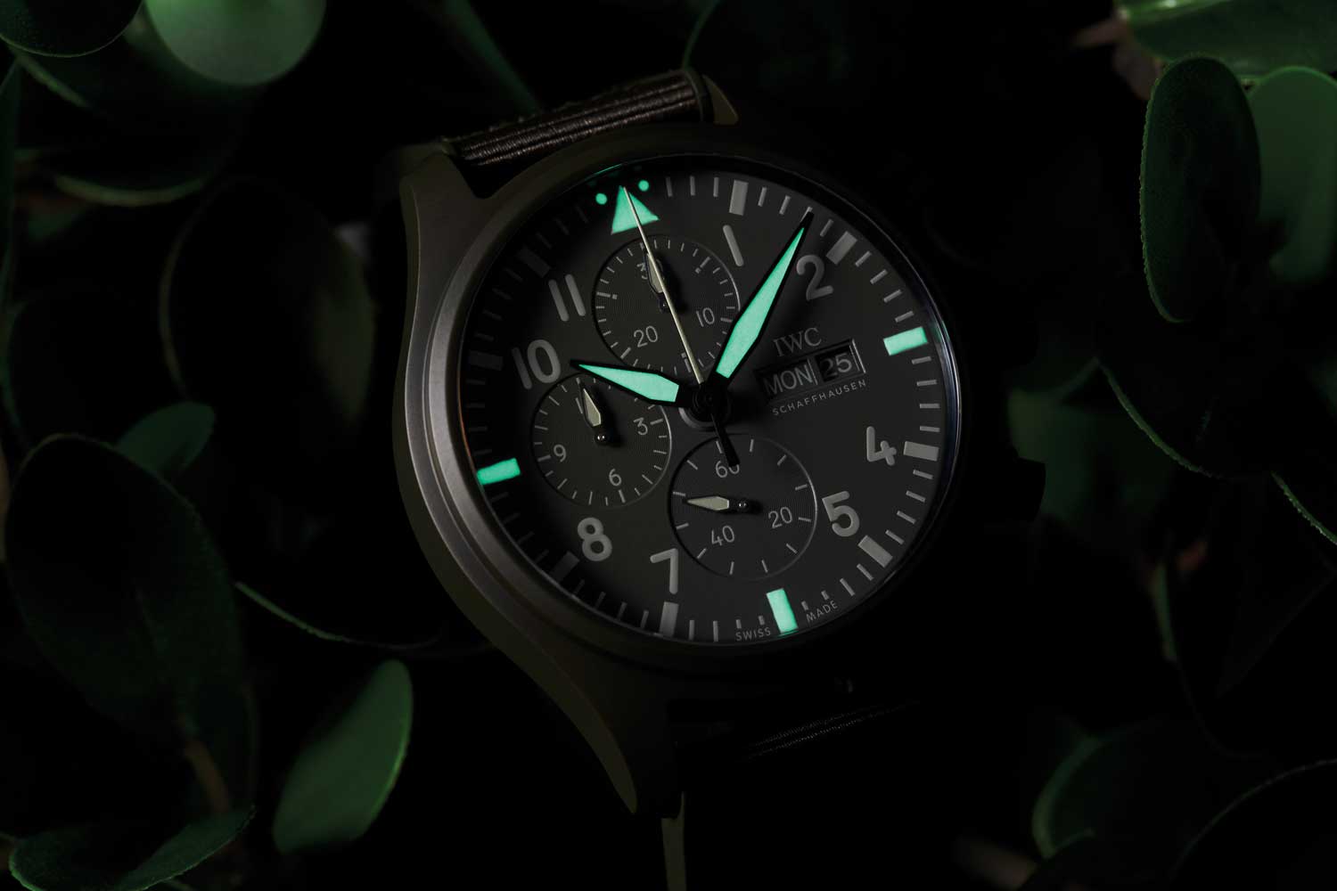 IWC Pilot’s Watch Chronograph TOP GUN Edition in “IWC Woodland” green takes inspiration from flight suits of naval aviators for a clean utilitarian appearance