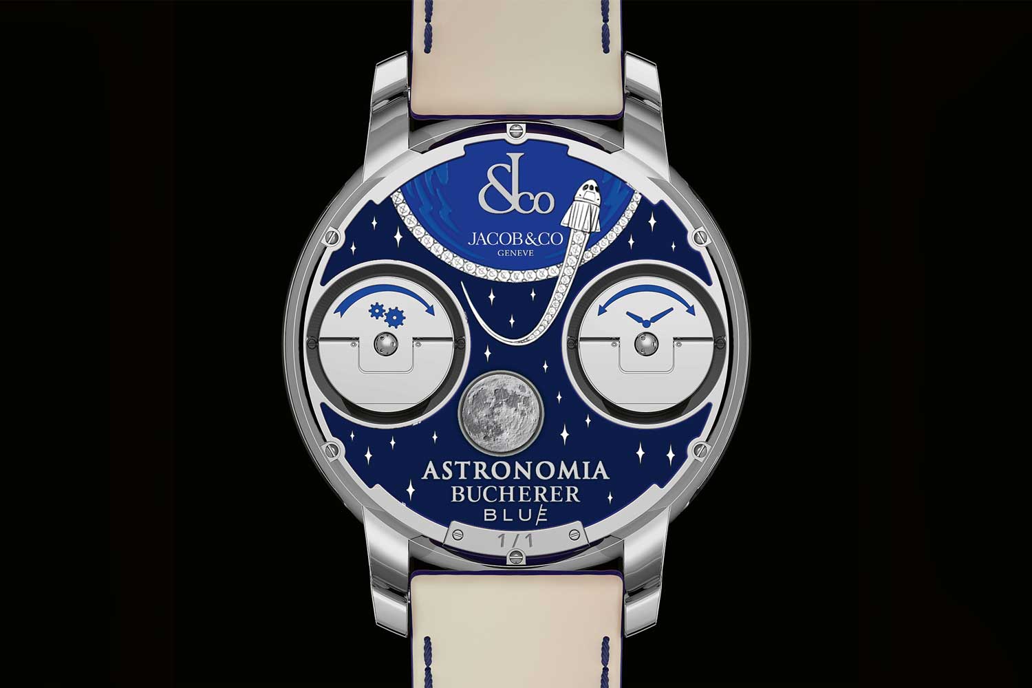 The watch’s custom caseback with a design of the Moon, stars and a spaceship traveling toward the International Space Station while orbiting the Earth