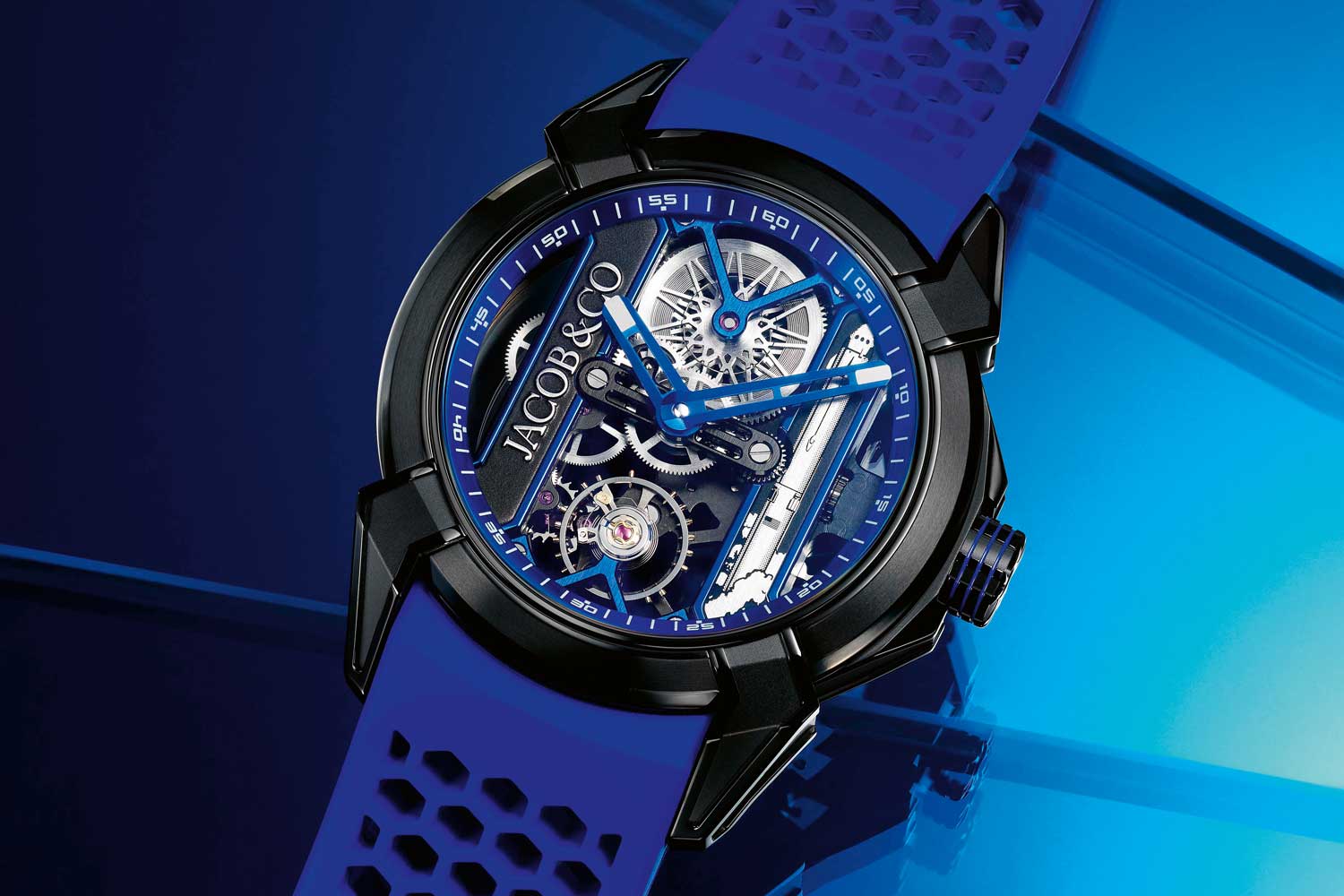 Epic X Black Titanium Bucherer Blue with skeleton dial featuring a USA Space Rocket design on the right-side bridge