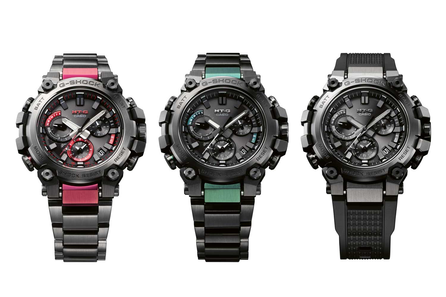 From left: MTG-B3000 in gray with red IP, black with green IP and monotone black and gray
