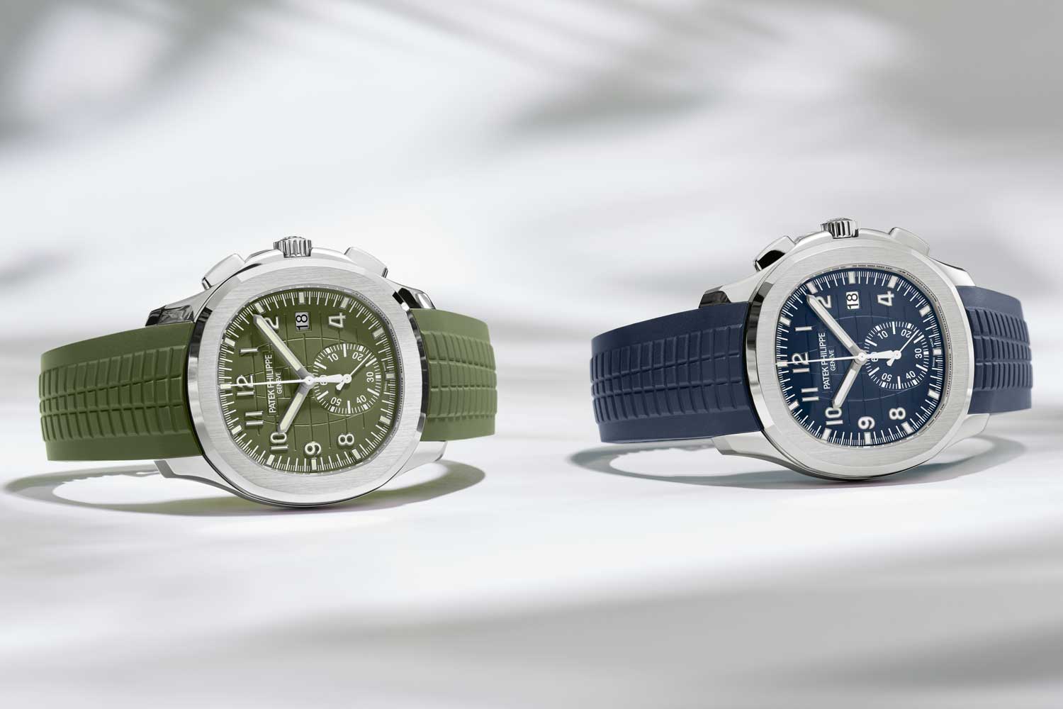 The Aquanaut in white gold with a khaki green (ref. 5968G-010) and midnight blue dial (ref. 5968G-001)