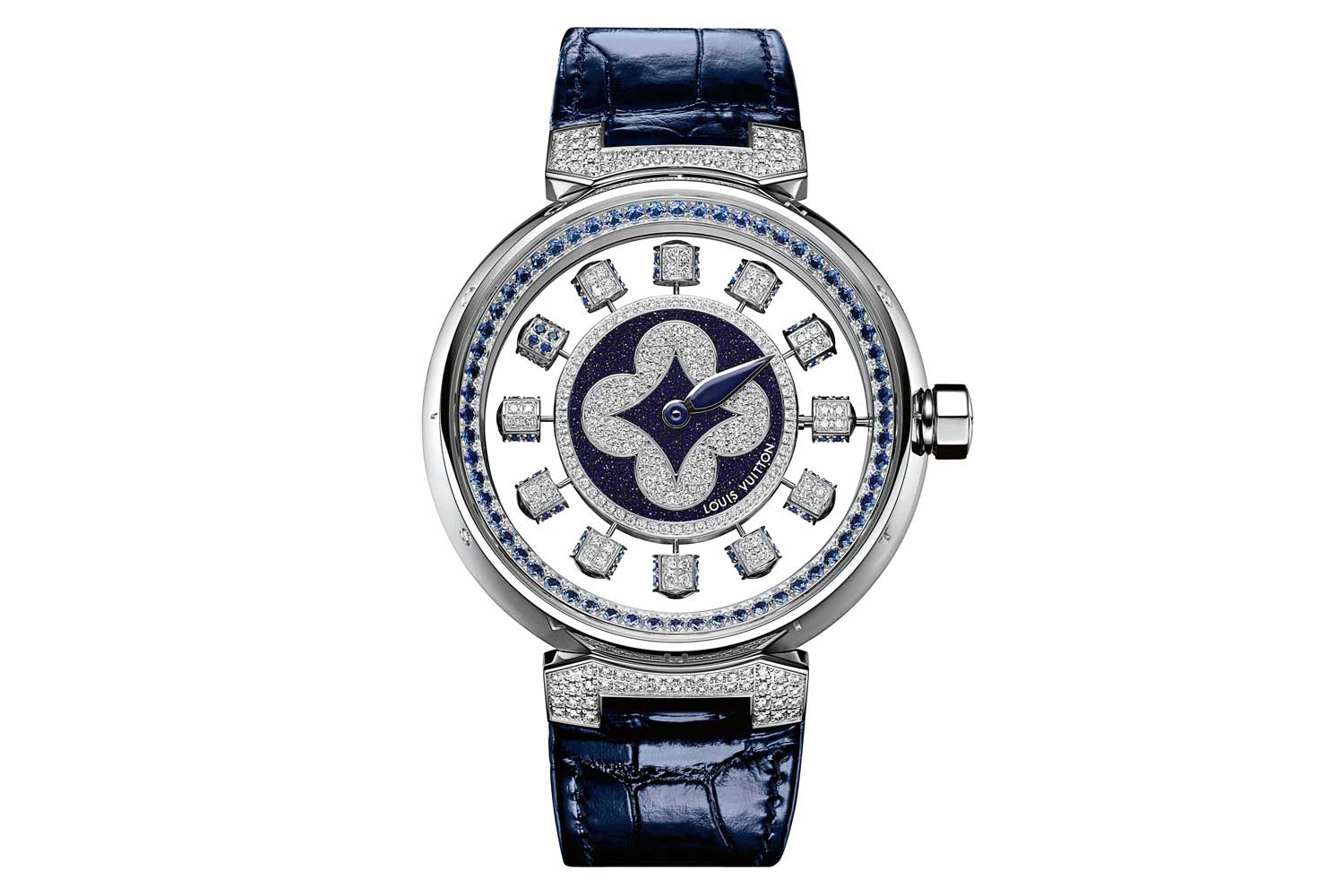 Tambour Spin Time Air Aventurine with 425 clear-cut diamonds and 12 bejeweled cubes