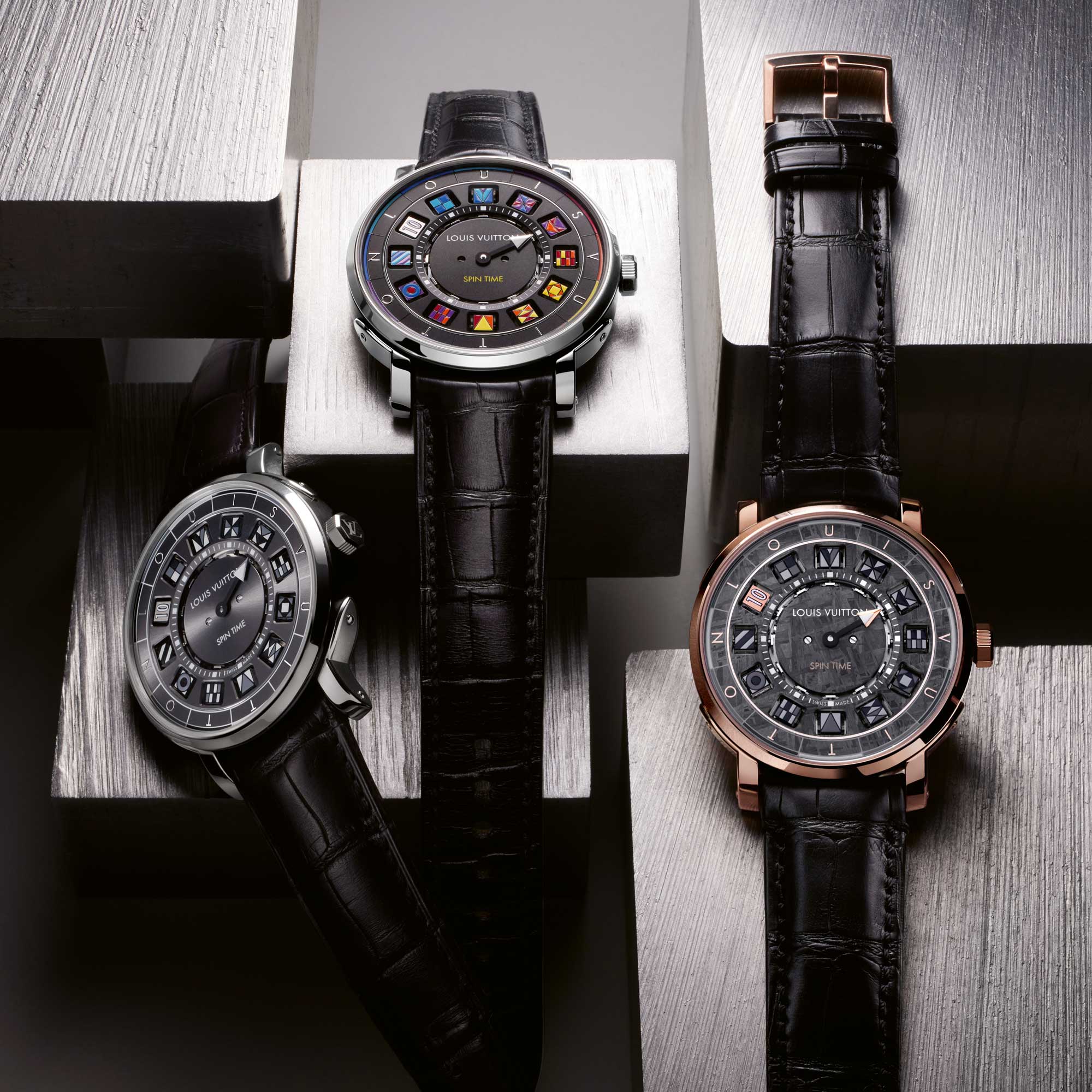 The 2022 Escale Spin Time collection is available for the first time in all-steel designs with a polished black PVD finish and the choice of a monochrome or rainbow colored time-telling complication