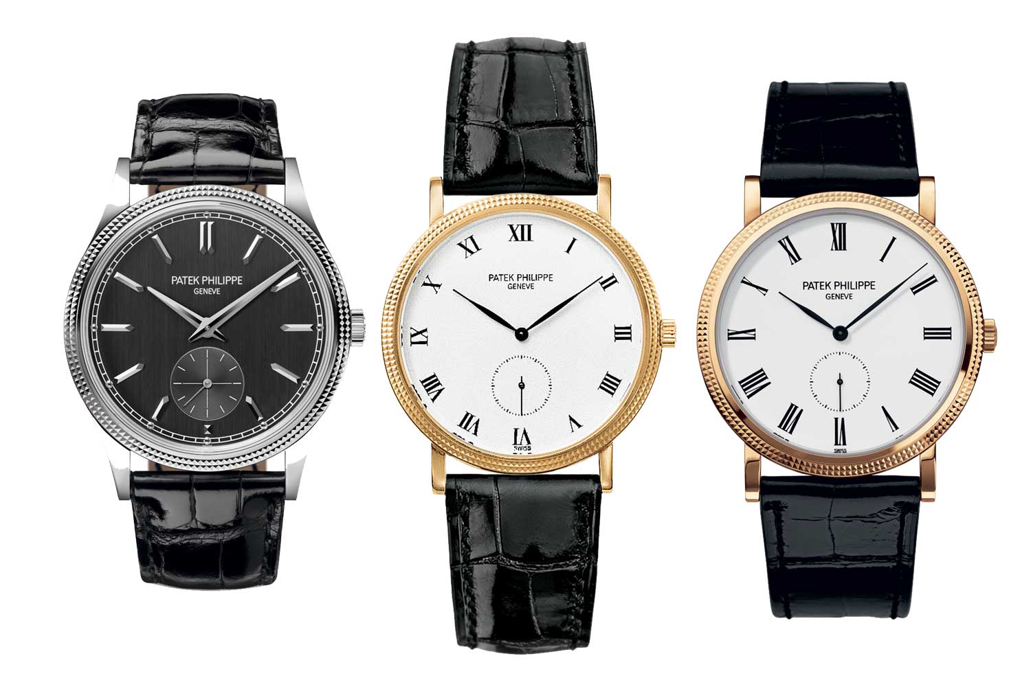 From left: The Ref. 6119 Calatrava launched in 2021; Ref. 3919 created in 1985 featured a distinct Clous de Paris design on the bezel that has been repeated in contemporary interpretations of the Calatrava and Ref. 5119 from 2006
