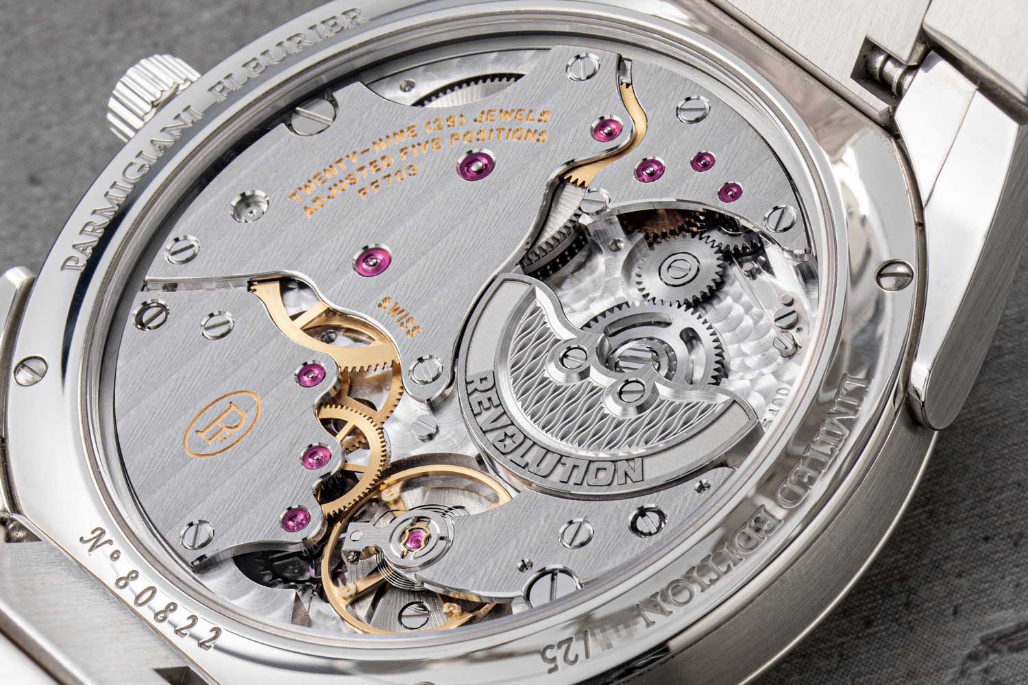 From top: The Parmigiani x Revolution and The Rake Tonda PF Micro-Rotor is the perfect timepiece in part thanks to its extraordinary ergonomics; The design details that make all the difference; The caseback reveals the micro-rotor with the Revolution logo imprint (Images: Revolution©)