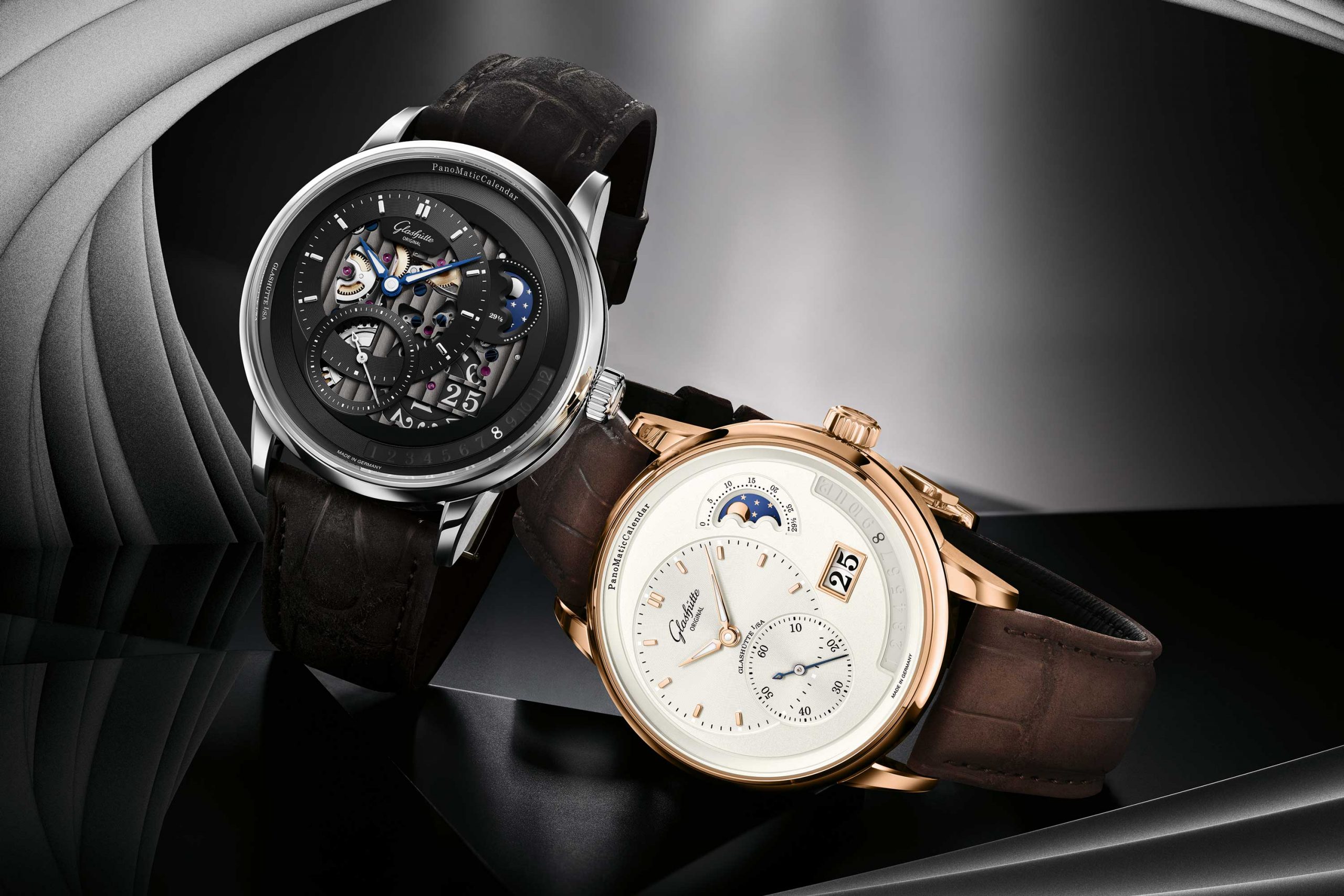 Glashütte Original PanoMaticCalendar in red gold and in platinum. The red gold model exudes classic grace and elegance while the limited edition platinum shows the caliber’s edgier, more modern side