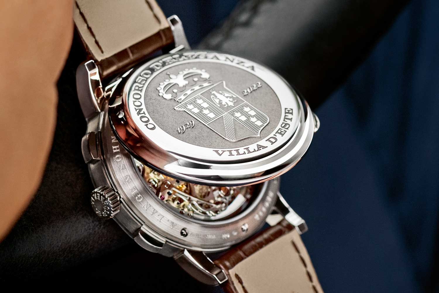 Hinged caseback is hand-engraved with the Concorso coat of arms and the year