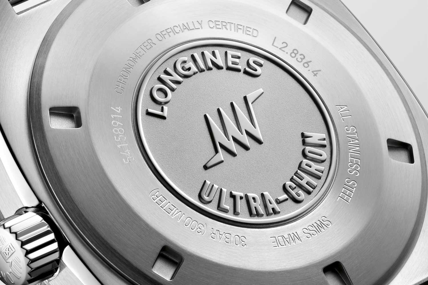 The original Ultra-Chron logo is embossed on the caseback, the crown is screwed-down, and watch has 300m water resistance rating