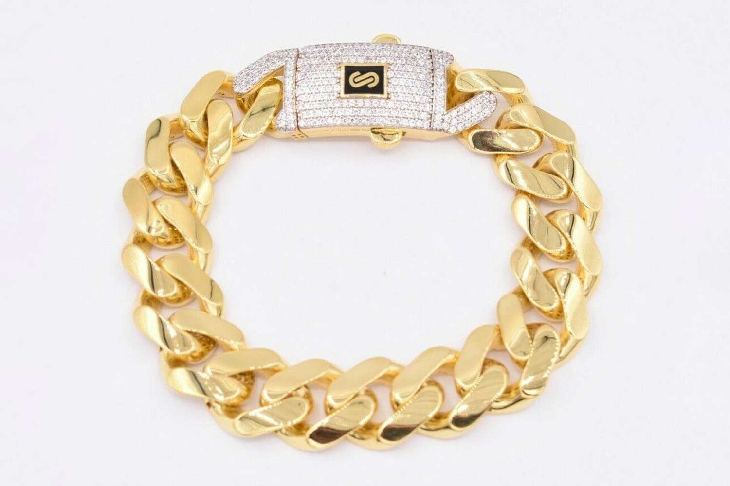 Miami Cuban Royal Link Bracelet 14K Yellow Gold with clasp in CZ