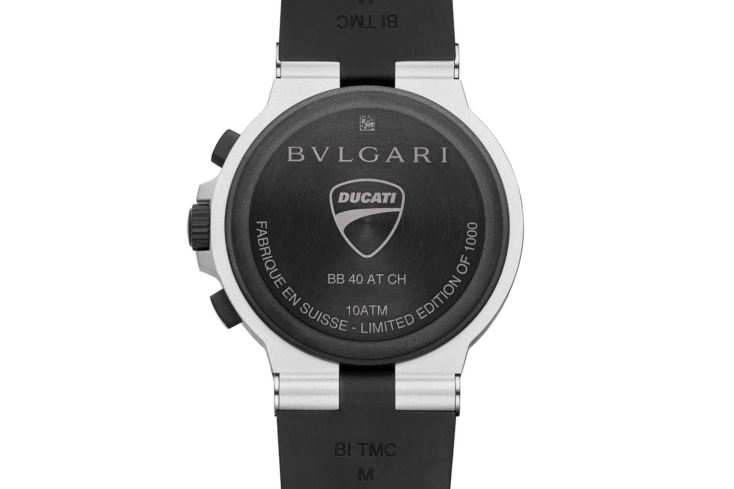 The caseback, in matte black DLC titanium, is etched with the Ducati shield logo