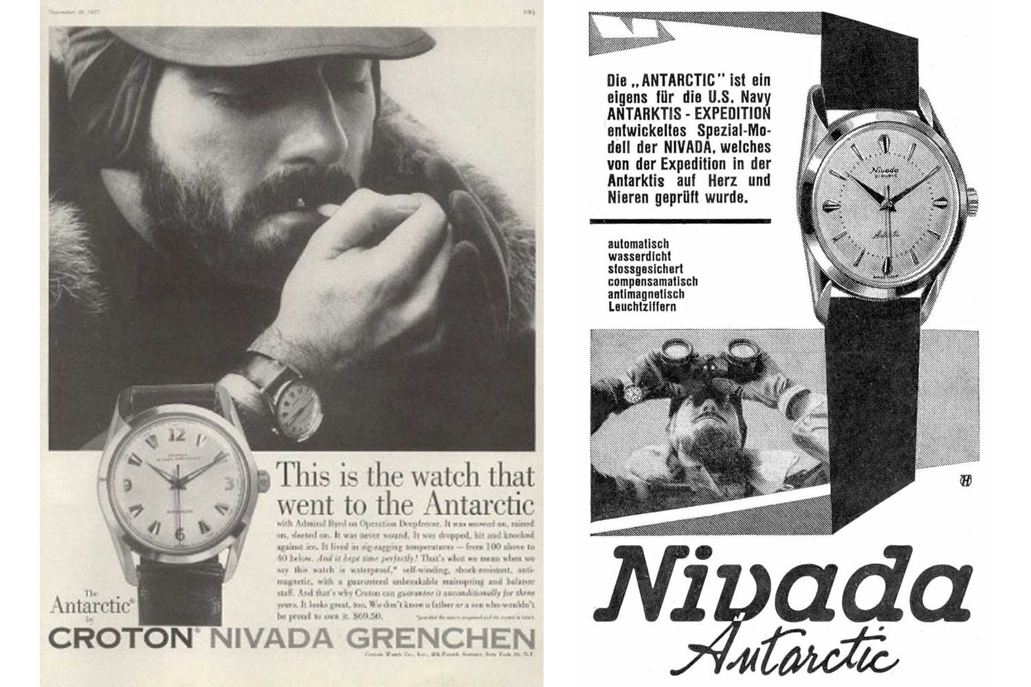 (From left) Vintage Nivada advertisement expounding the virtues of the watch that went to the Antarctic; A vintage Nivada Antarctic advertisement from 1962