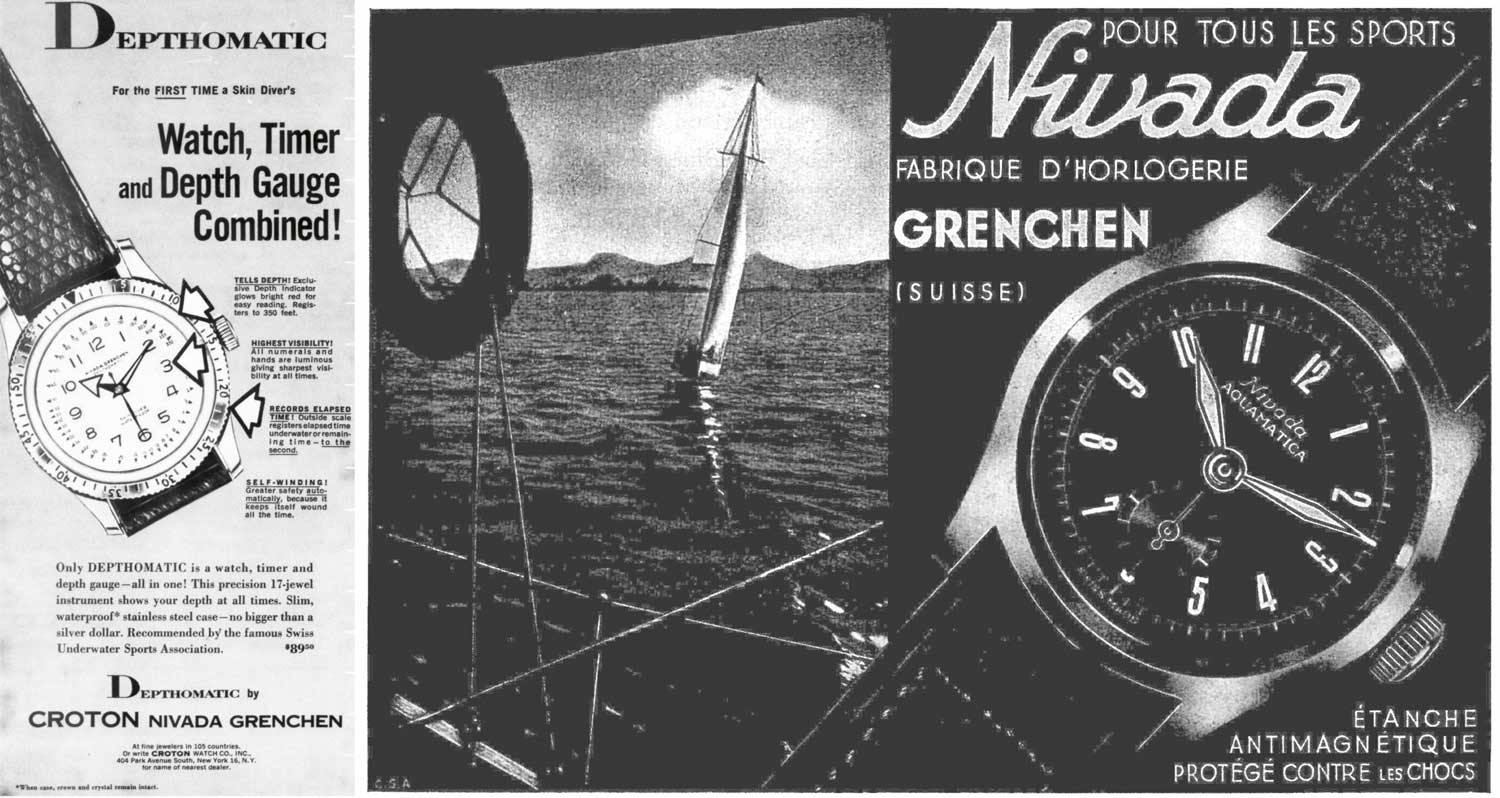 Vintage Nivada advertisements featuring the Depthomatic, Nivada's first dive watch and the Aquamatica