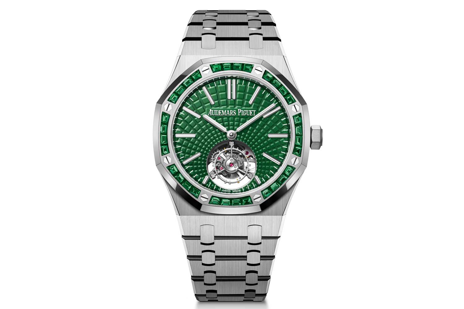 Royal Oak Tourbillon Extra-Thin ref. 26532IC which combines a titanium case and a white gold bezel set with baguette-cut emeralds with an emerald green dial