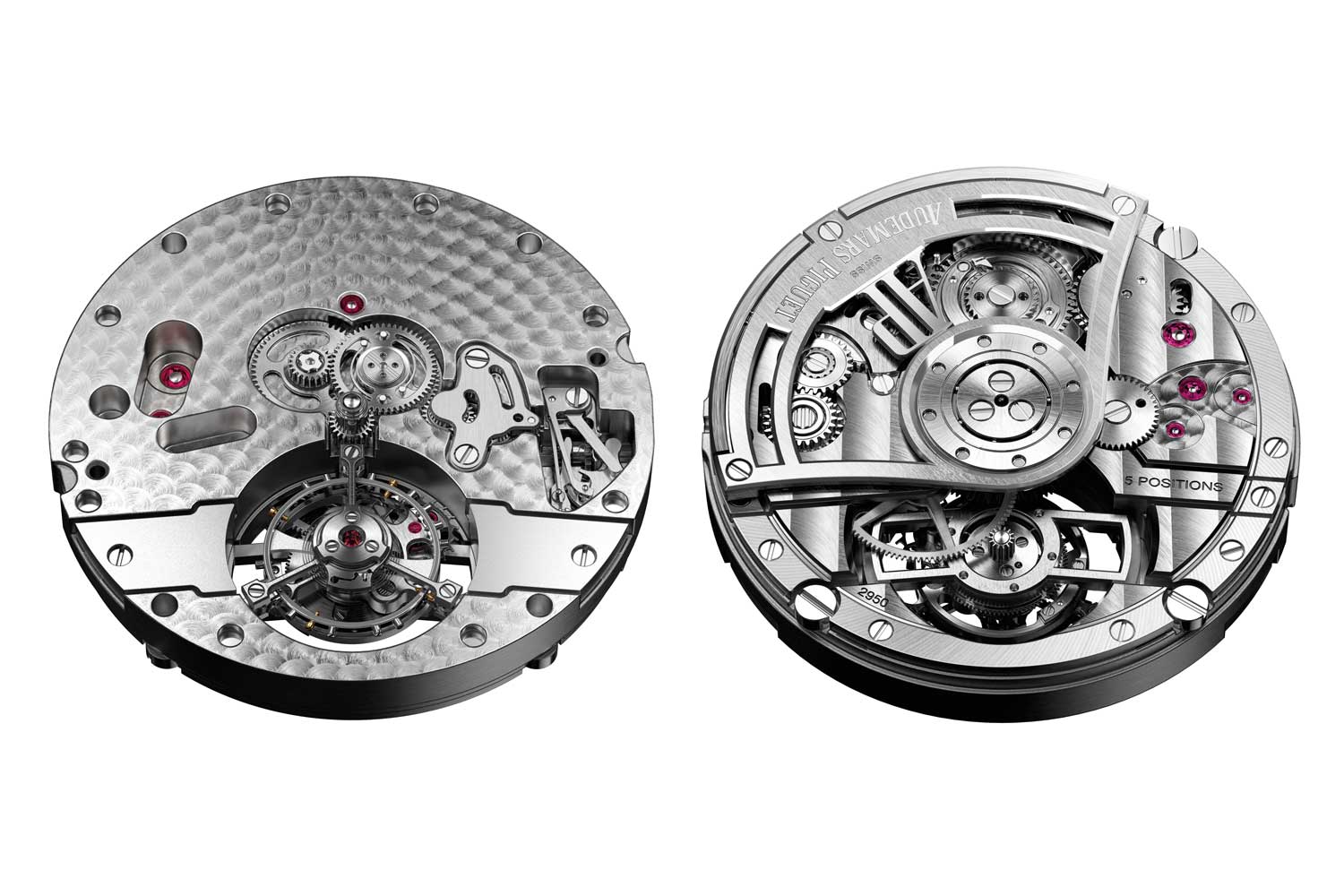 Front and back view of the caliber 2950 — note that the motion works are located above the central axis of the movement, ensuring that there are no wheels obstructing the view of the tourbillon cage at six o’clock