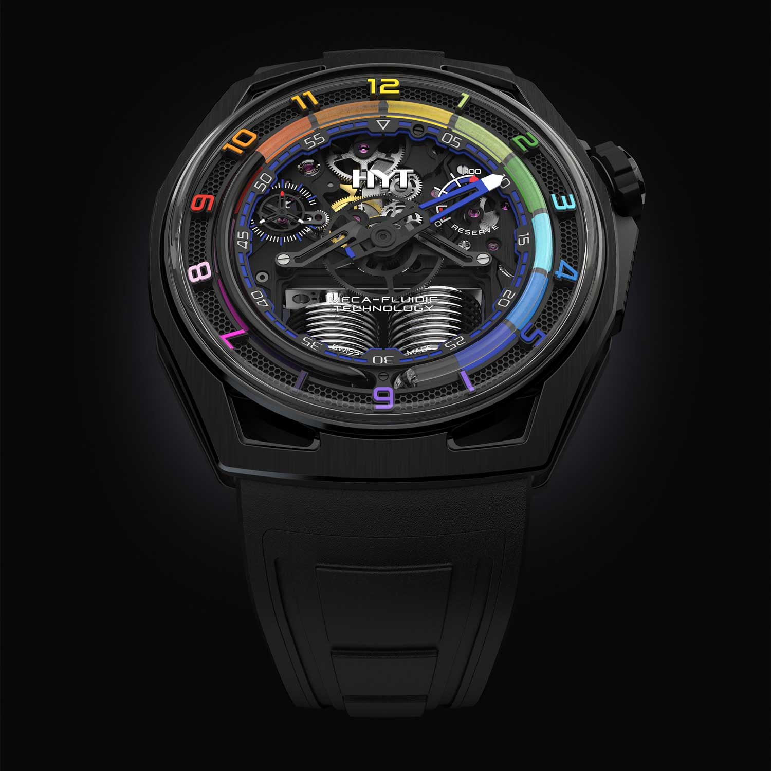 HYT unique DLC-coated titanium fluid-filled wristwatch with rainbow SuperLuminova hours, (Lot 113)