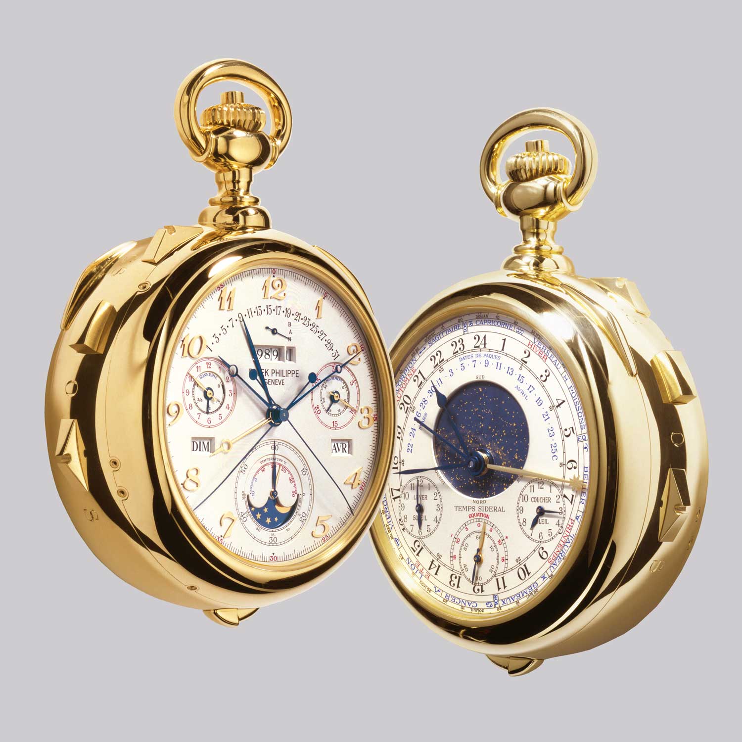 The back of the Caliber 89 shows a sidereal dial with the equation of time displayed on a penannular scale at six o’clock, the hours and minutes of sunrise and sunset at eight and six o’clock respectively and the date of Easter right above the star chart; Displayed on the front is the rattrapante chronograph, the full secular perpetual calendar showing the year in an aperture and the retrograde date indication right above it, the age and phases of the moon and a second time zone