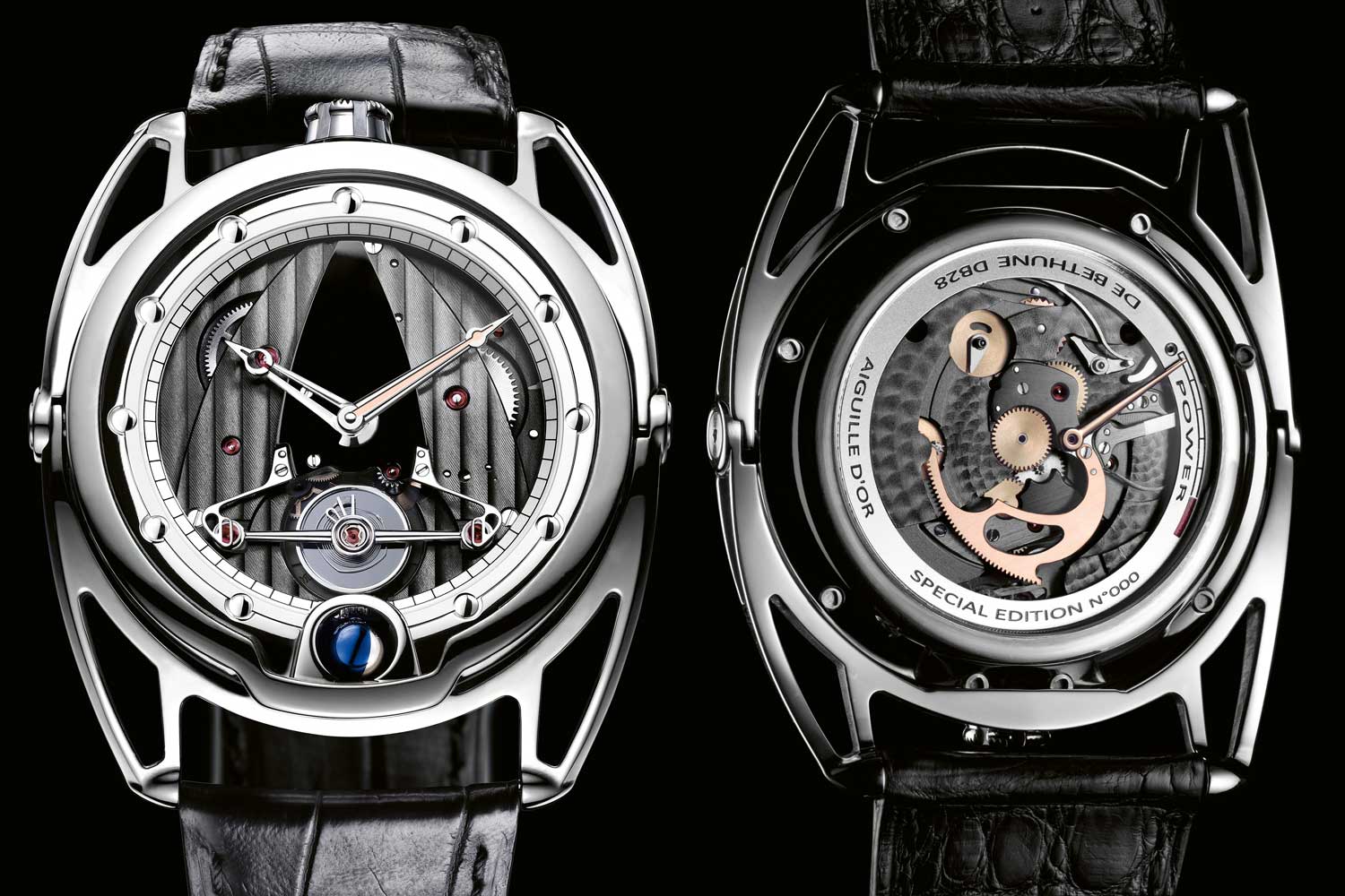 Showcasing De Bethuneʼs avant-gardist aesthetic is DB28 that displays the brandʼs proprietary balance wheel on the open dial