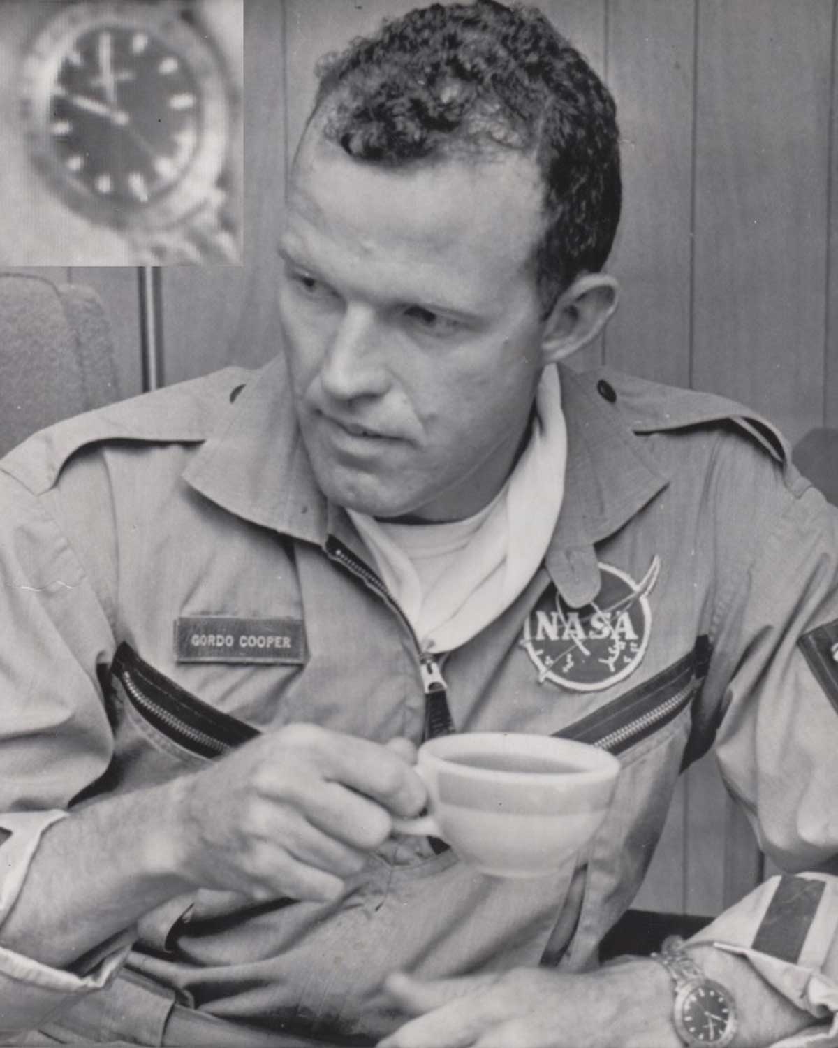 Mercury astronaut Leroy Gordon Cooper wearing an Accutron microsonic tuning fork GMT pilot watch