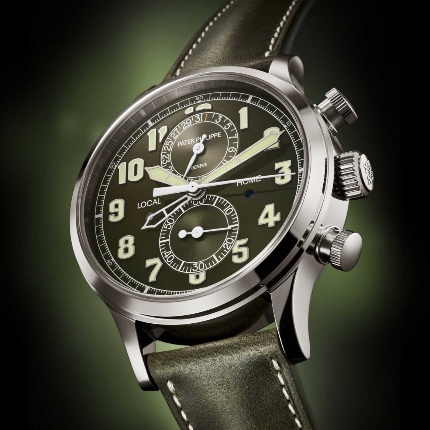 Patek Philippe Calatrava Pilot Travel Time Chronograph Ref. 5924G with khaki green lacquered dial