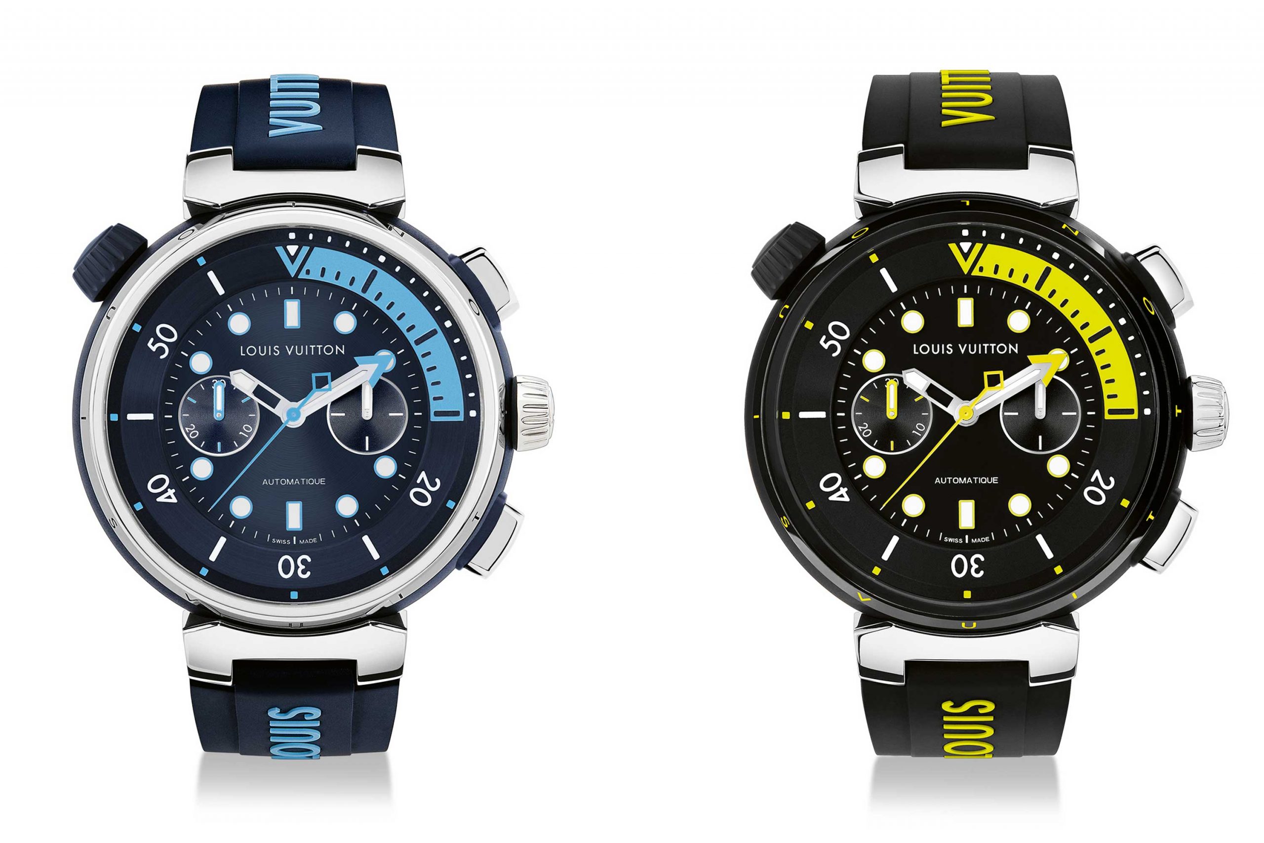 Louis Vuitton Tambour Street Diver Chronograph in Skyline Blue and Neon Black with 100 meters of water resistance and internal rotating bezel to keep track of elapsed time