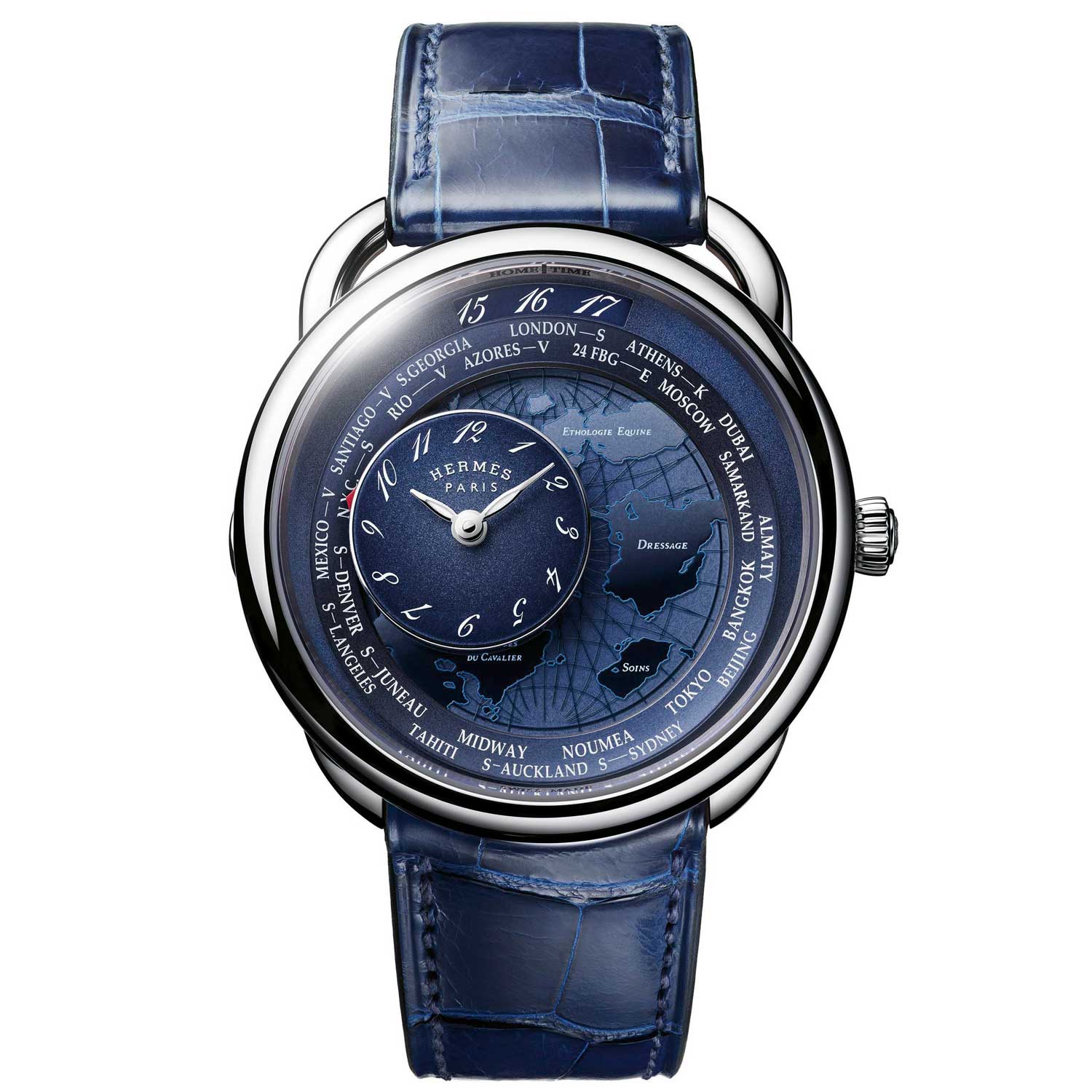 The Arceau Le Temps Voyageur has a satellite subdial that displays local time, which is automatically updated once the dial aligns with the city ring
