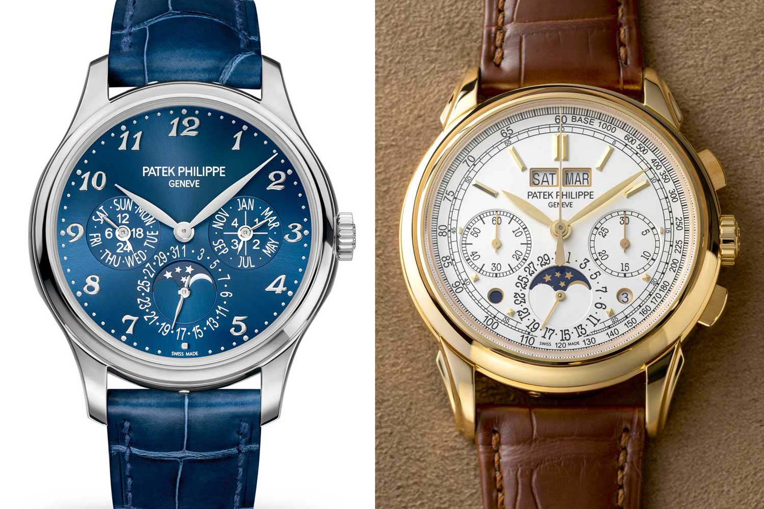 Patek Philippe Perpetual Calendar 5327G (left) and Perpetual Calendar Chronograph 5270J (right). As a rule of thumb, all Patek Philippe’s perpetual calendars with triple counters employ a 48-month cam while other configurations rely on a 12-month cam (Image: ©Revolution)