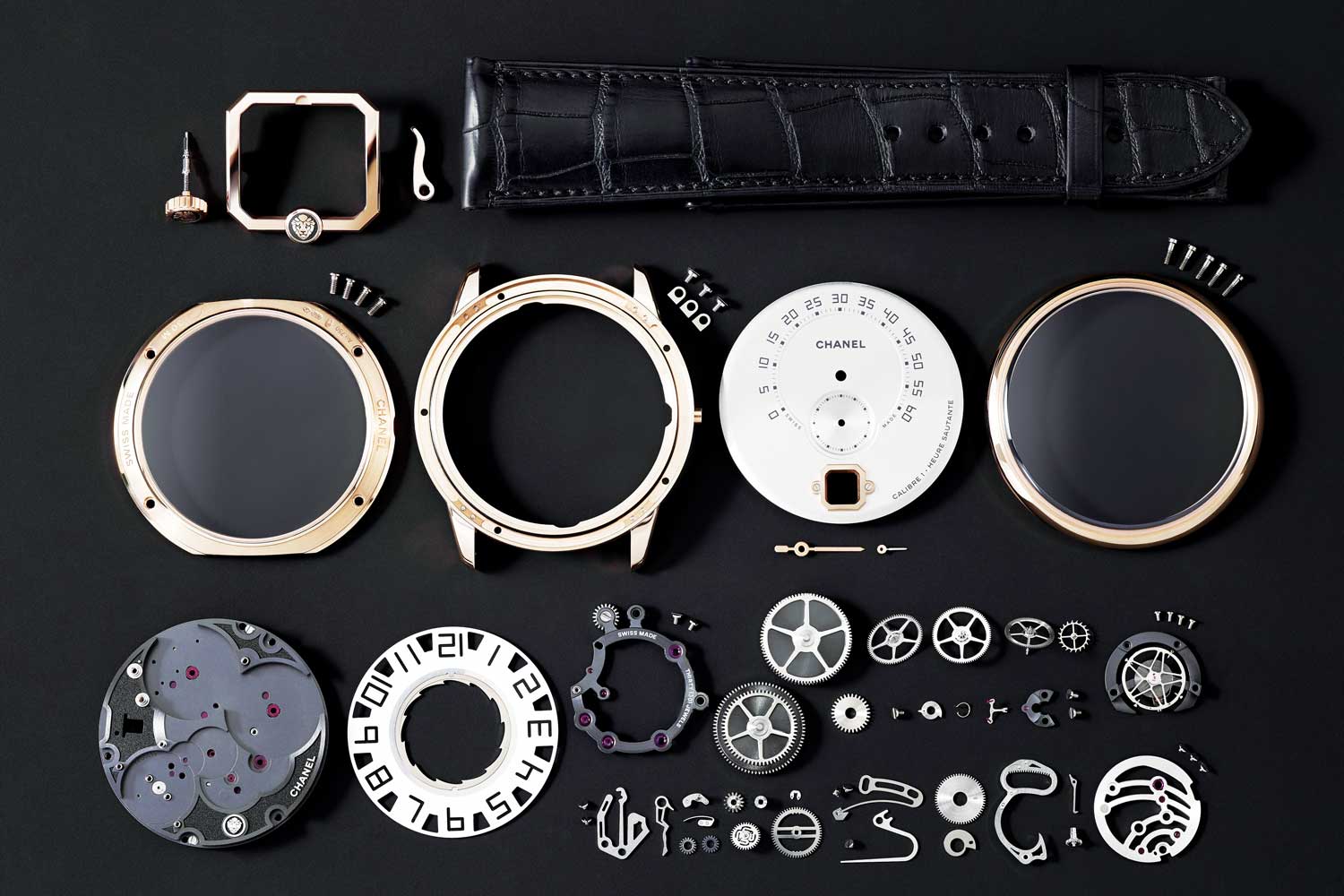 The parts that make up one of Chanel’s greatest hits, the Monsieur de Chanel. Notice that there is no additional plate apart from the mainplate, as the jumping hour and retrograde minutes complication is integrated in the movement