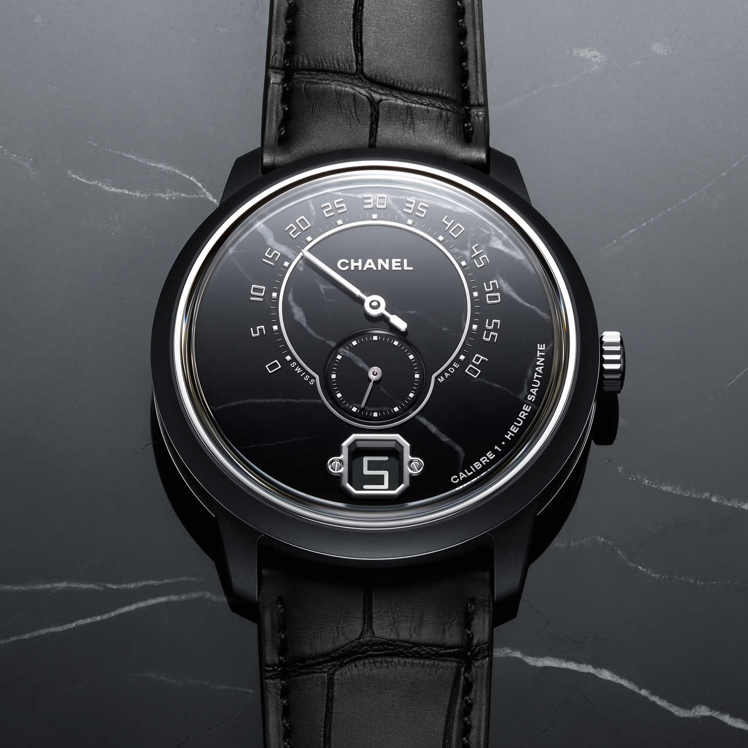 The Monsieur Marble Edition with a dial crafted from white-veined black marble