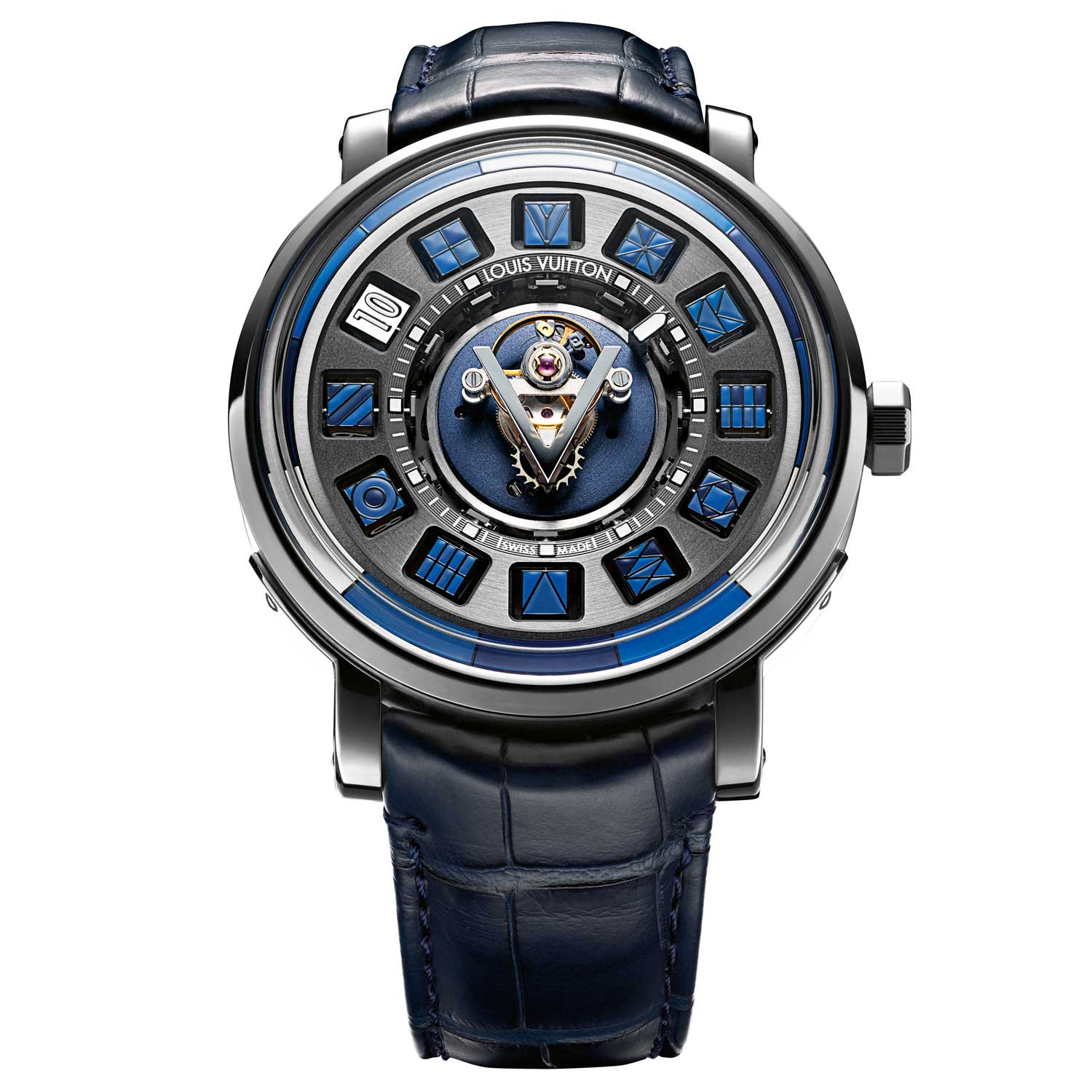 The Escale Spin Time Tourbillon Central Blue, features a flying tourbillon in the center with a V-shaped carriage surrounded by 12 cubes that rotate to show the hour