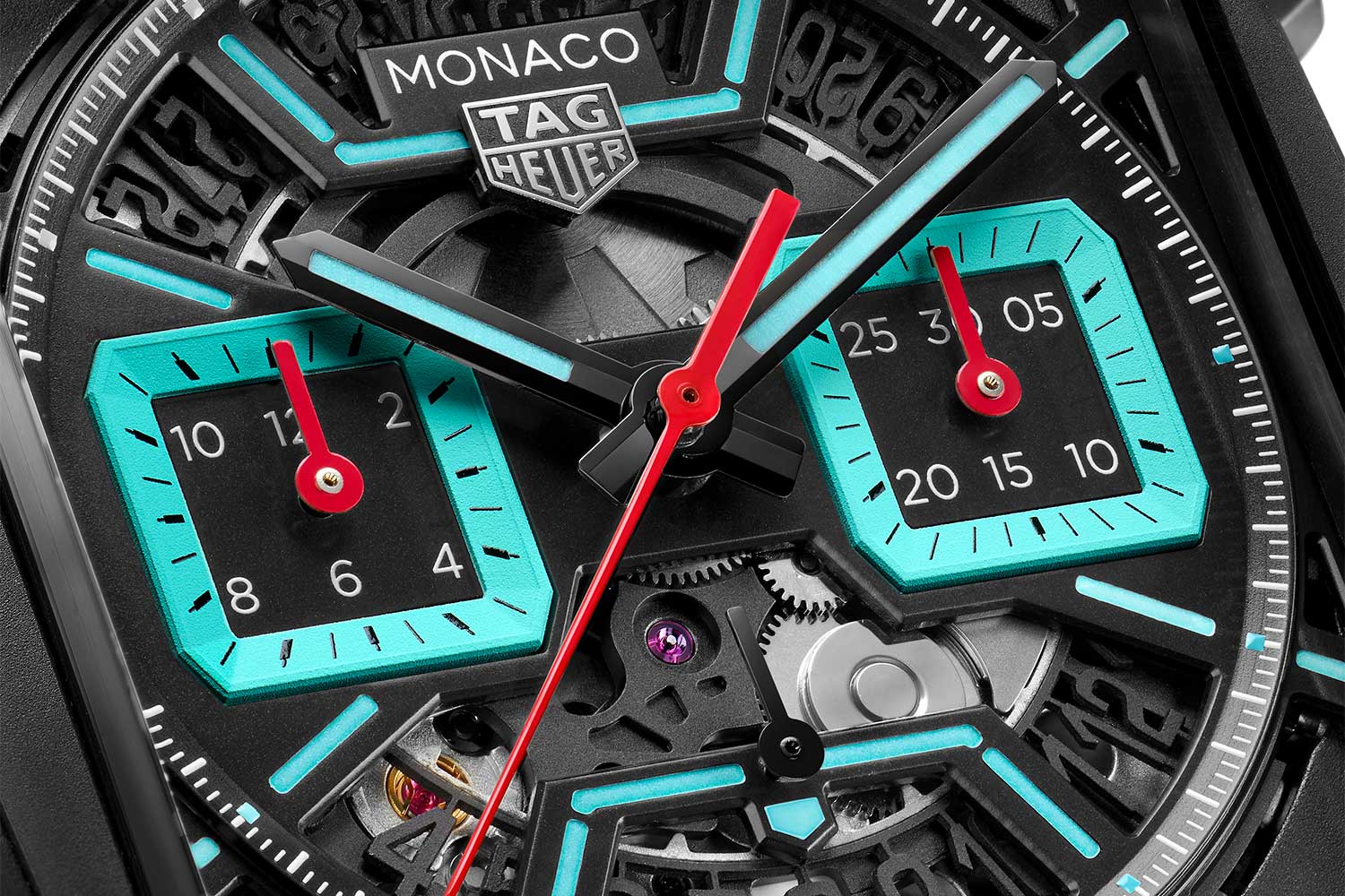 Closed up of TAG Heuer Monaco Skeleton in turquoise dial