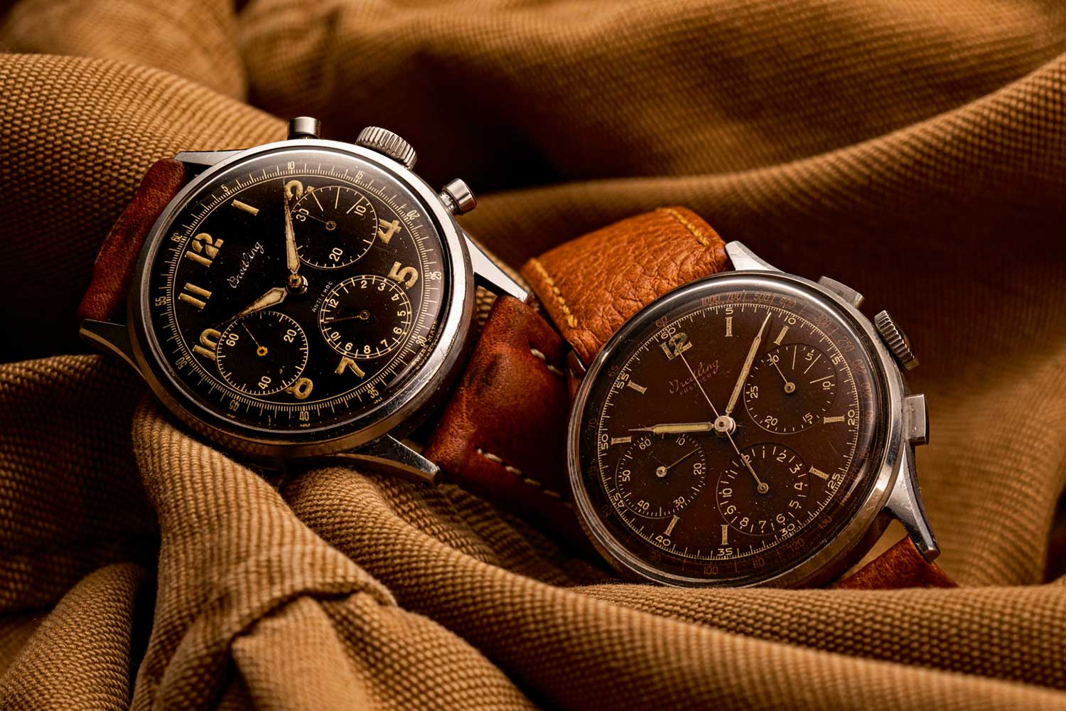 The Breitling Premier ref. 765, ca. 1943 (left) and the Premier ref. 734 inspired the modern collection